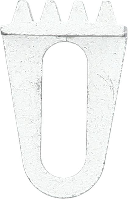 Srebrny, płaski obiekt metalowy z owalnym wycięciem u dołu i czterema równomiernymi zębami u góry.