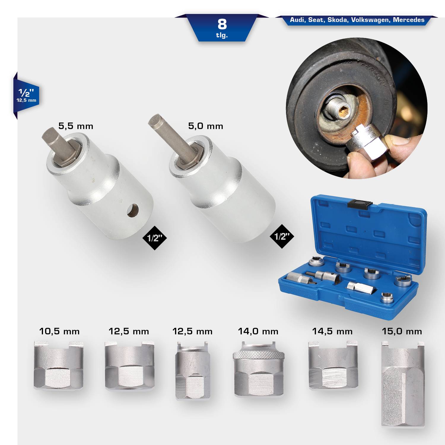 Zestaw ośmiu nasadek do śrub mocujących łożyska kół, odpowiedni dla marek Audi, Seat, Skoda, Volkswagen, Mercedes. Przedstawiono różne rozmiary.