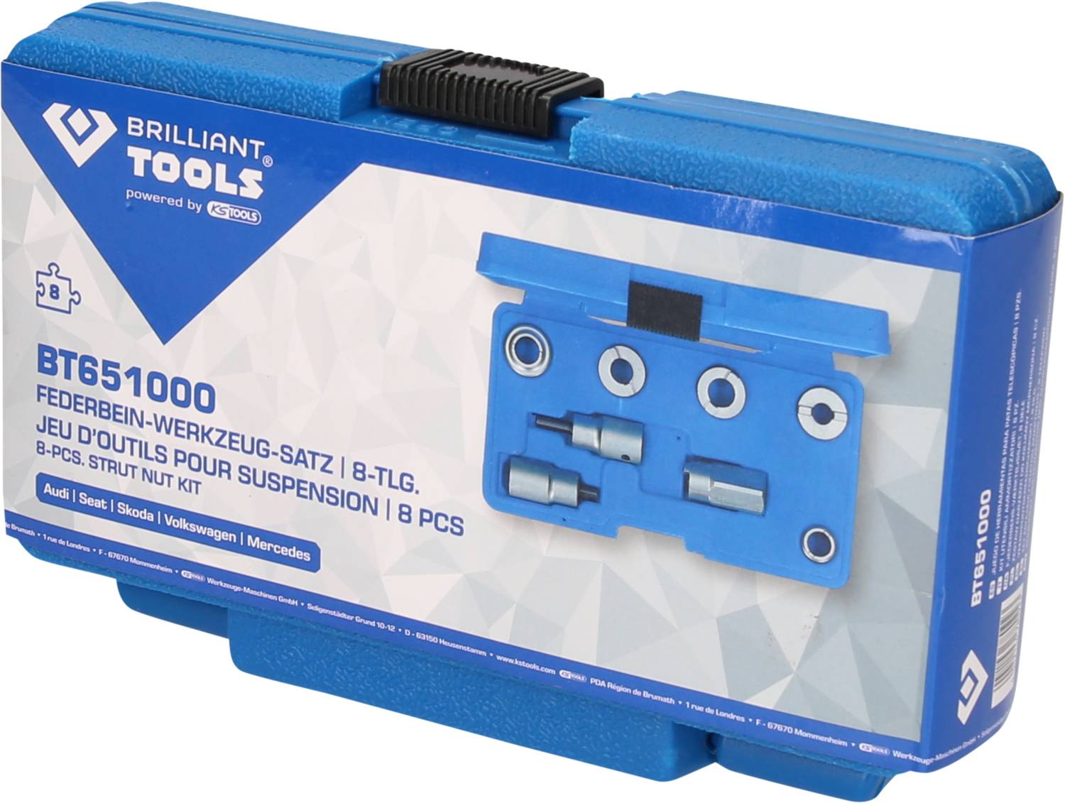 Niebieski zestaw narzędzi z napisem 'Zestaw narzędzi do amortyzatorów, 8-częściowy'. Zawiera specjalistyczne narzędzia do samochodów marek Audi, Seat, Skoda, Volkswagen, Mercedes.