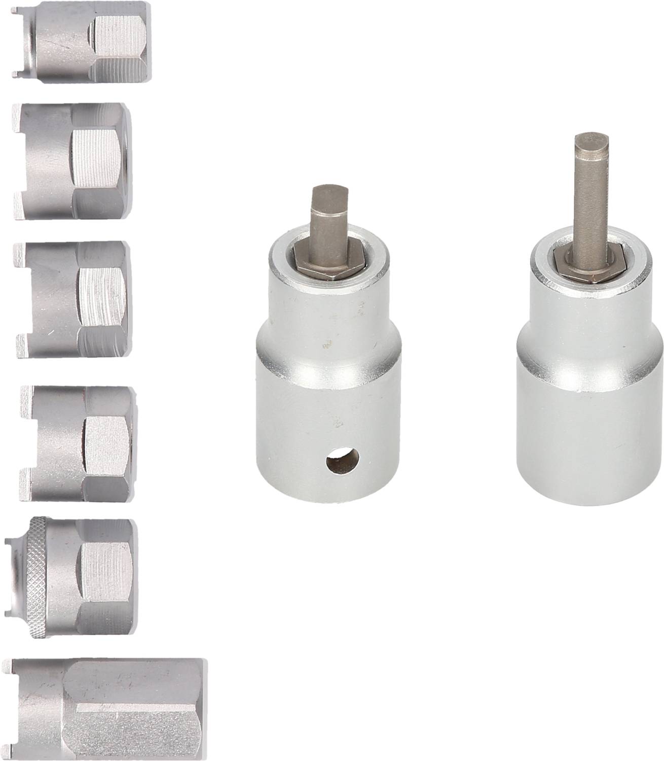 Osiem srebrnych nakrętek gwintowanych po lewej stronie; okrągły srebrny uchwyt klucza z mocowaniem po prawej stronie; możliwość przechowywania akcesoriów narzędziowych.