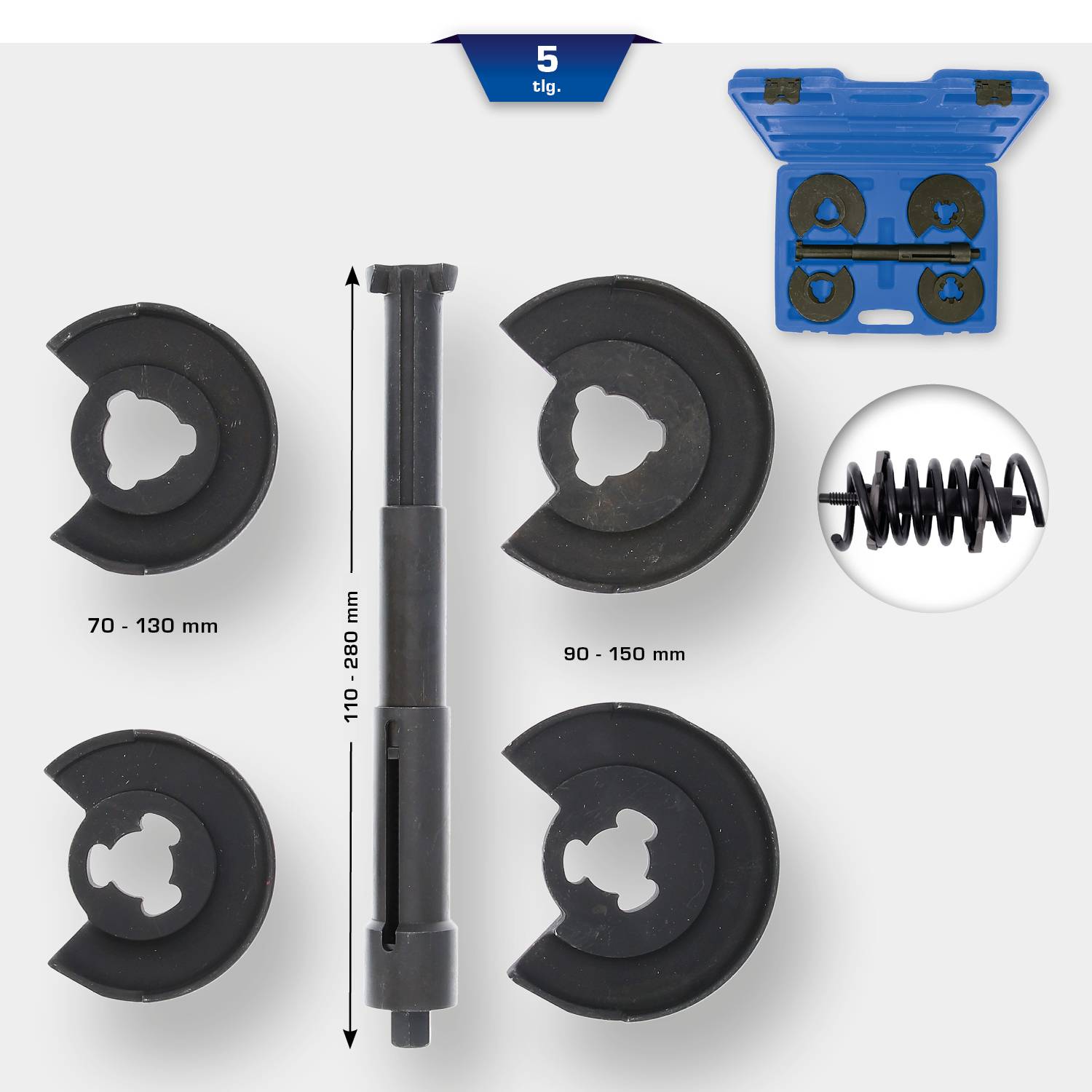 'Uniwersalny rozciągacz sprężyn, 5-częściowy, do sprężyn o rozmiarach 70-150 mm. Zawiera przedłużkę. Pokazany z wyposażeniem w niebieskim pudełku.'