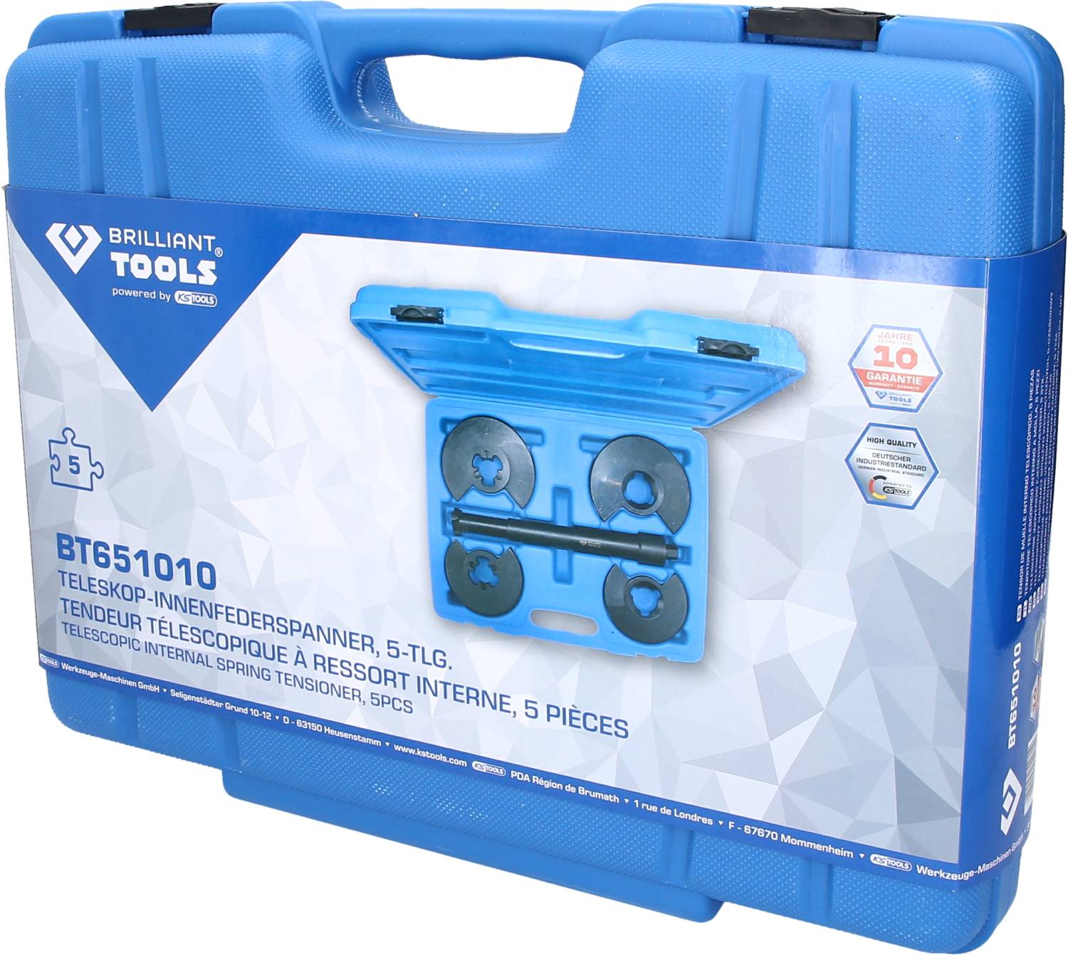 'Brilliant Tools Rozciągacz sprężyn zaworowych, 5-elementowy, w niebieskiej walizce z informacjami o produkcie i gwarancyjną pieczęcią.'