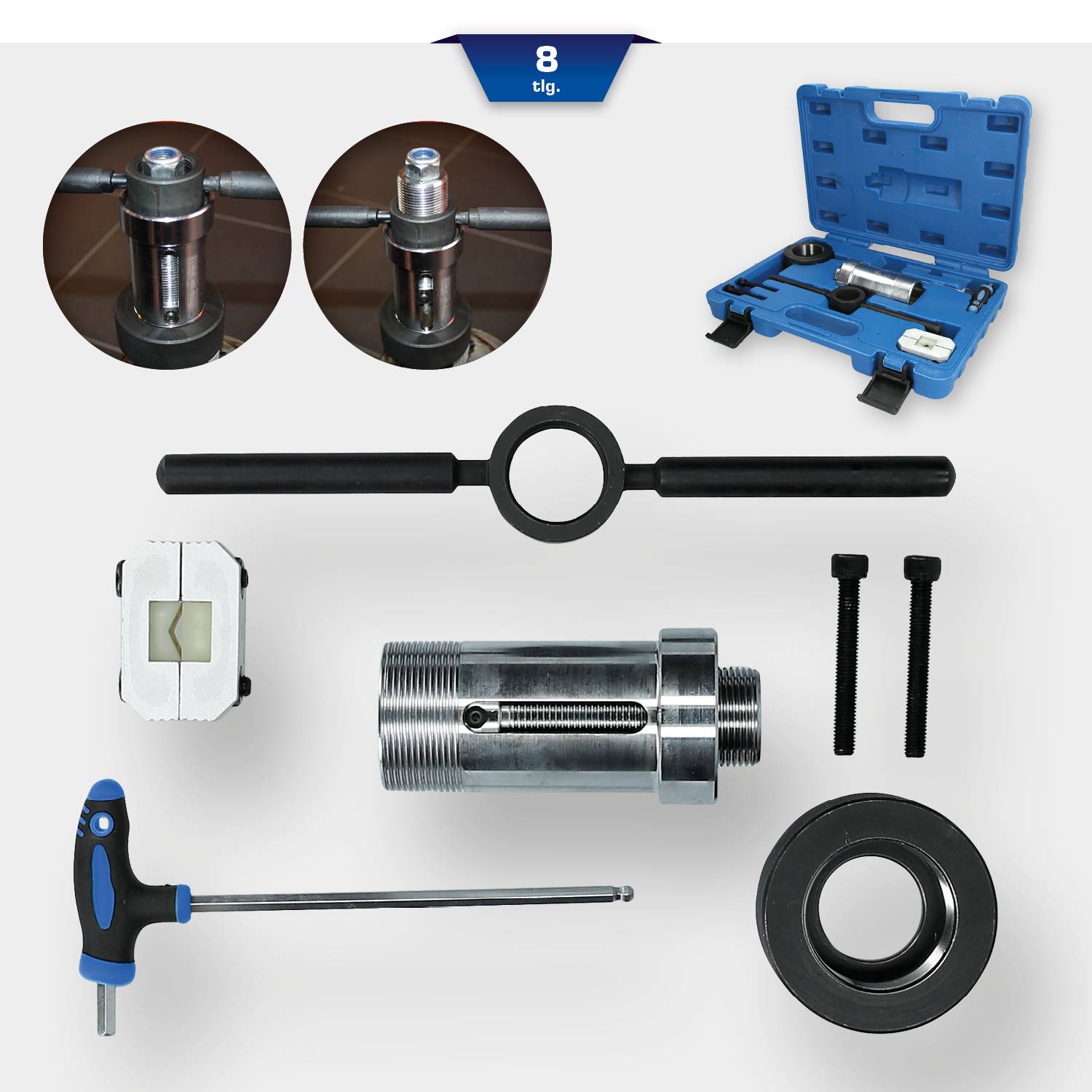Zestaw ośmiu narzędzi, w tym gwintownik, śrubokręty, pierścienie i śruby. Na tle niebieskiego plastikowego pudełka.