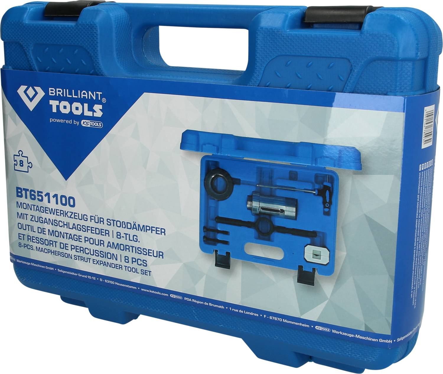 Niebieski walizka narzędziowa z narzędziami do montażu amortyzatorów. Na przedniej stronie widnieje napis: 'Brilliant Tools BT651100 Zestaw montażowy'.