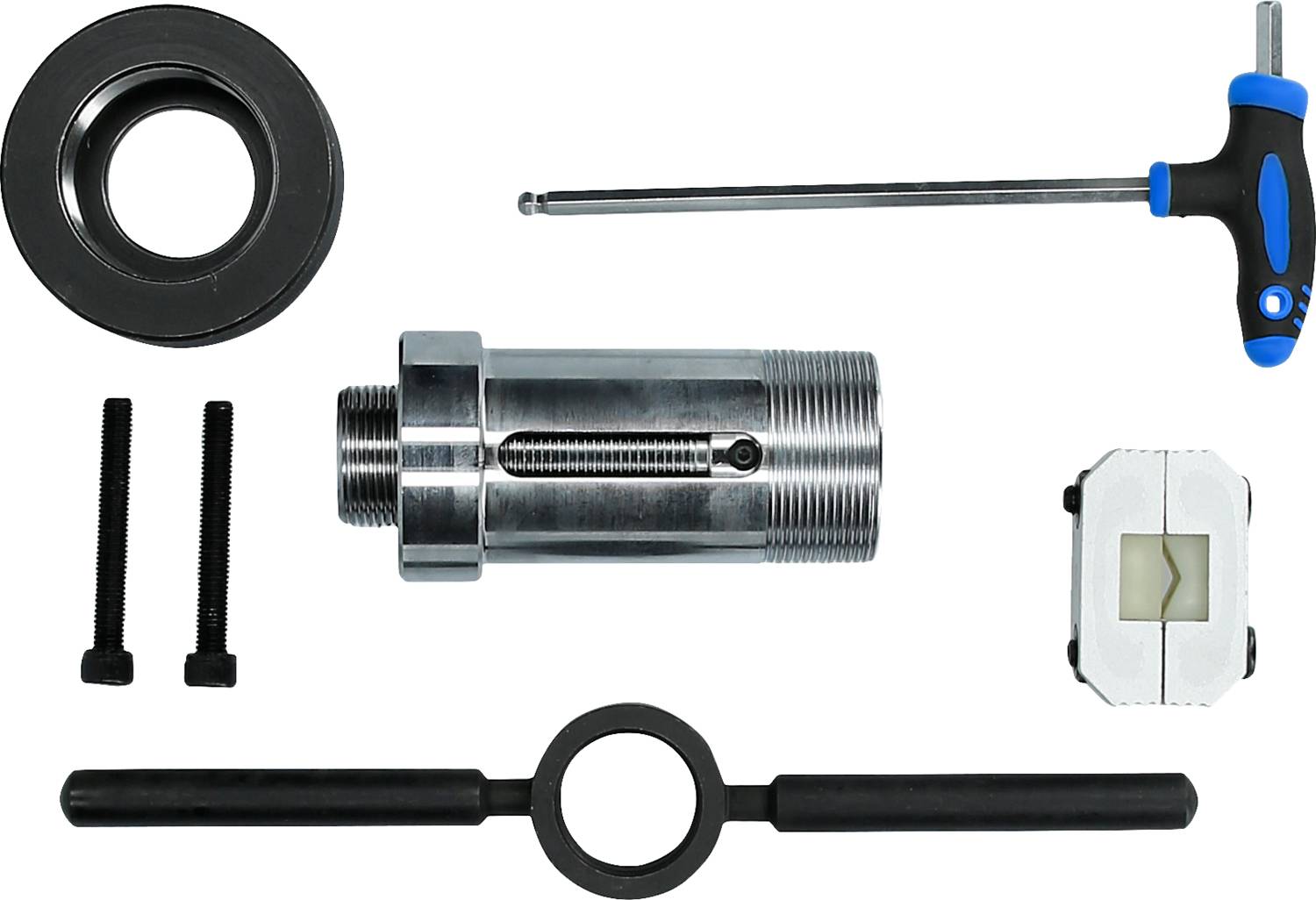 Zestaw narzędzi składający się z gwintownika, klucza imbusowego, sworznia i adaptera pomiarowego do konserwacji lub montażu maszyn.