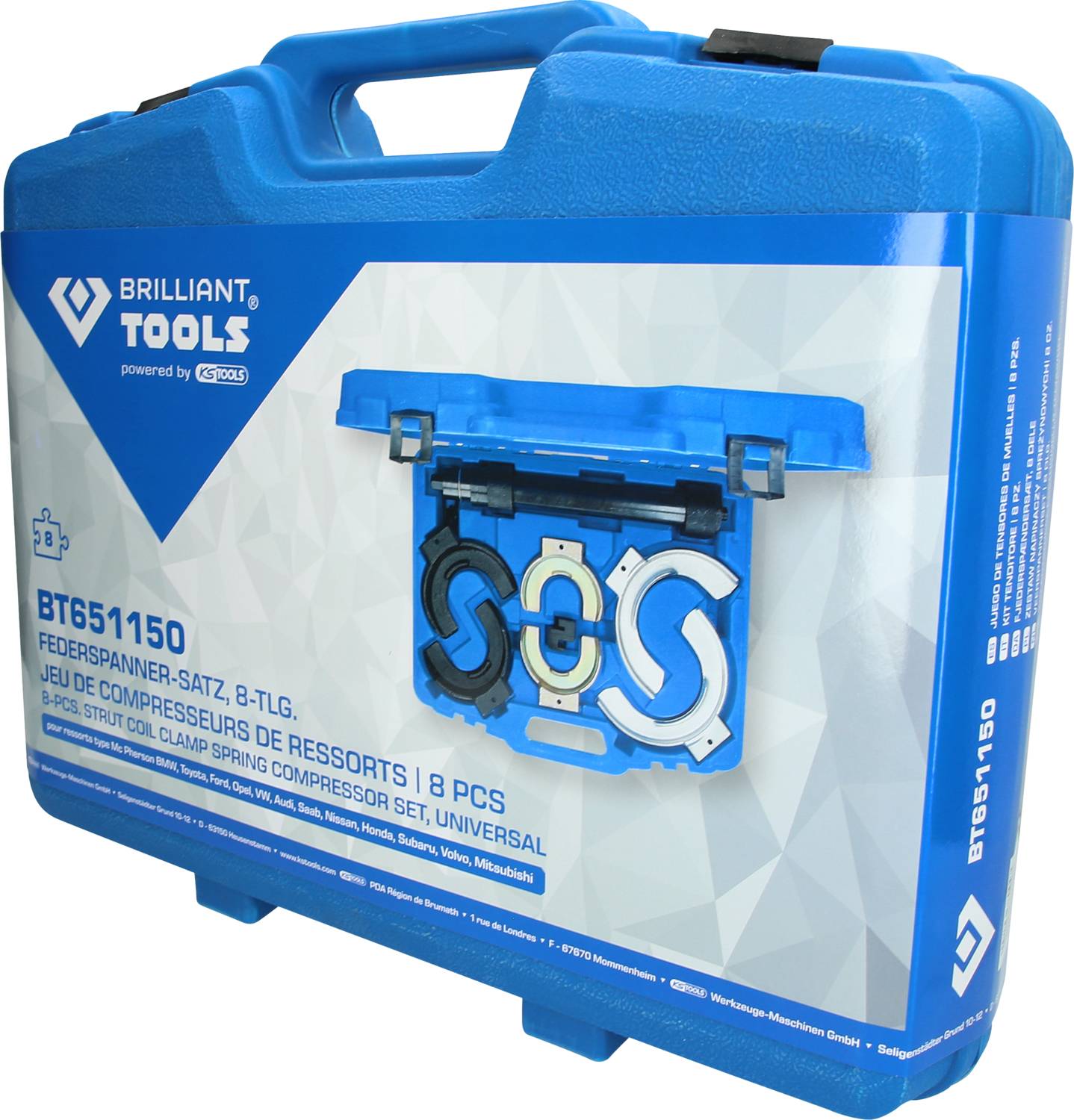 Niebieski kufer na narzędzia z napisem 'Brilliant Tools'. Zawiera 8-częściowy zestaw szczypiec i sprężyn, przedstawiony na środku kufra.