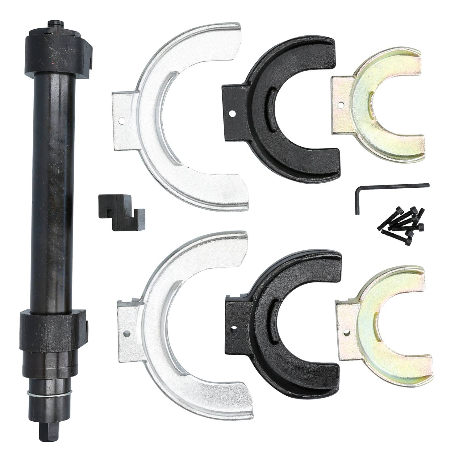 Zestaw narzędzi do zawieszenia i kompresji, składający się ze sprężonego cylindra, różnych zacisków metalowych i śrub. Odpowiedni do napraw samochodowych.