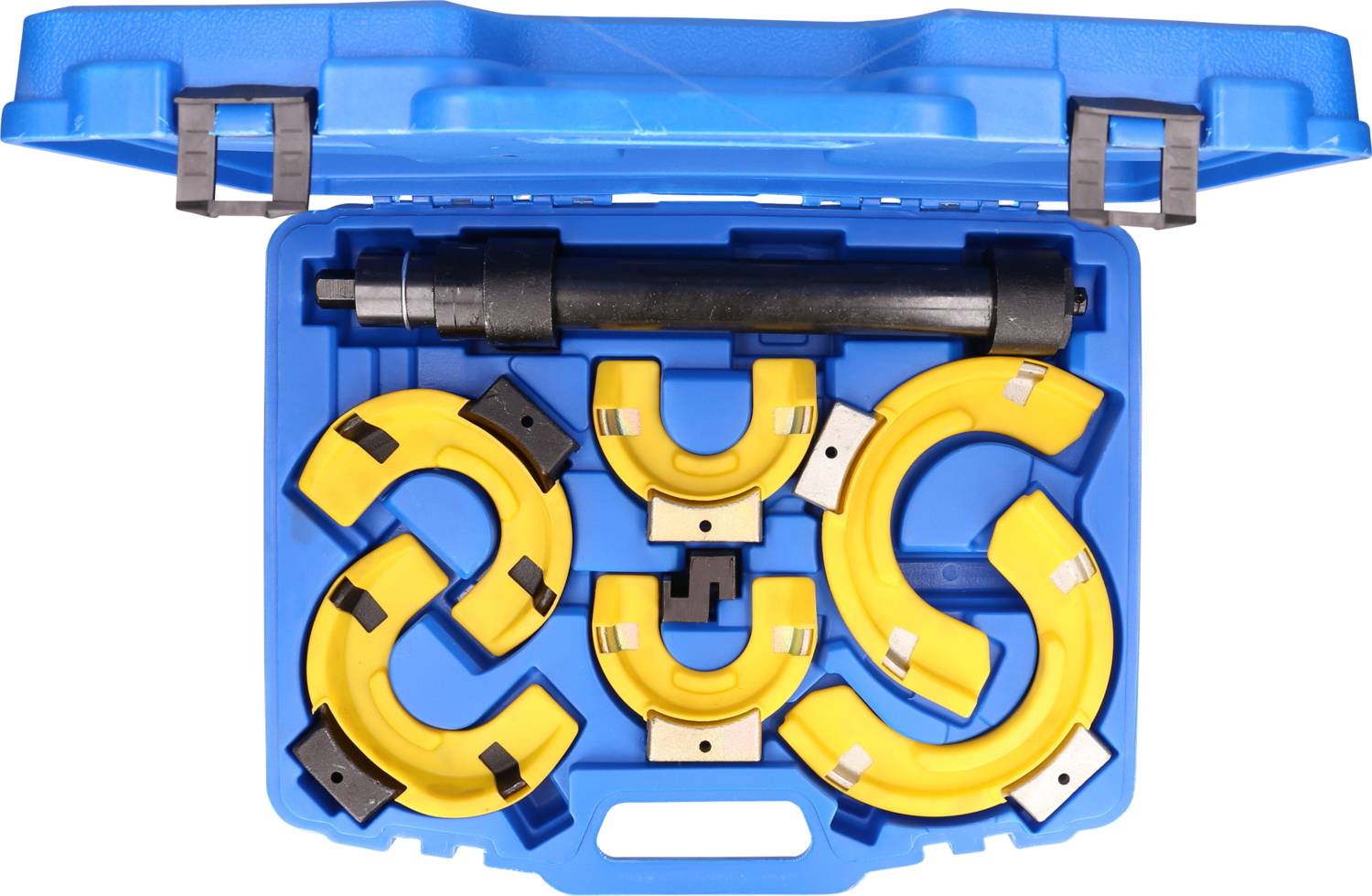 Żółty giętarz rur w niebieskim pudełku z tworzywa sztucznego. Zestaw zawiera kilka wymiennych wkładek gięcych oraz centralne narzędzie.