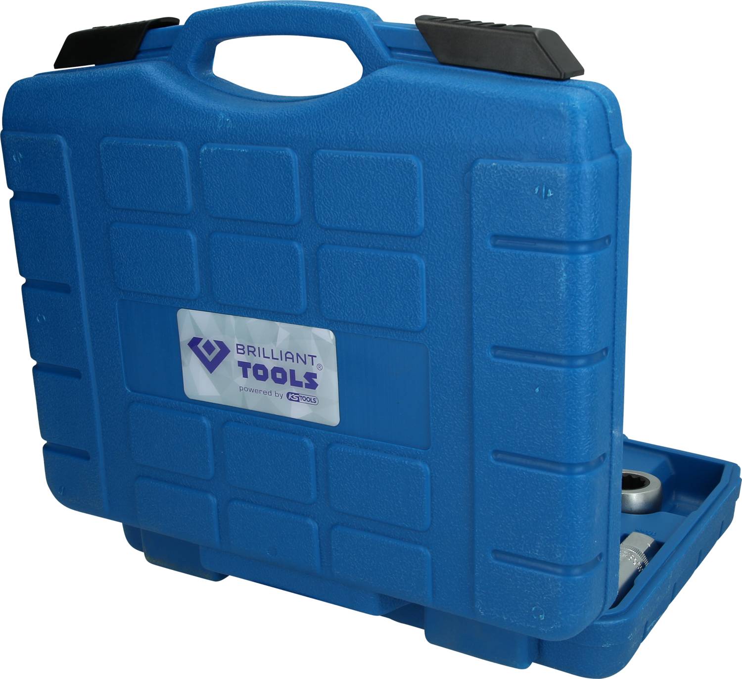 Niebieski plastikowy kufer na narzędzia z napisem 'Brilliant Tools'. Kufer jest częściowo otwarty, a narzędzia są widoczne.