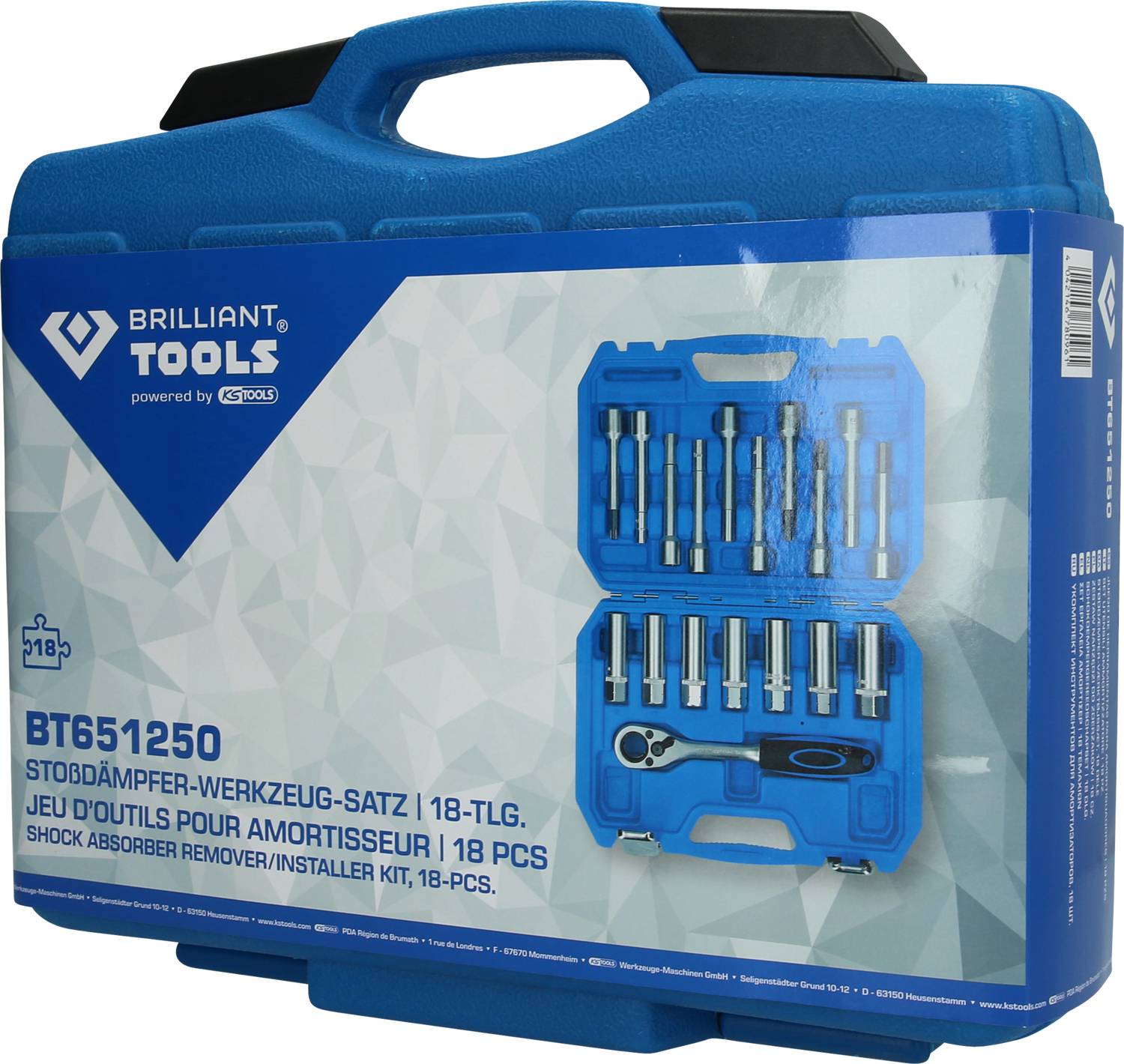 Niebieski kufer na narzędzia z napisem 'Brilliant Tools'. Zawiera 18-elementowy zestaw narzędzi do amortyzatorów.