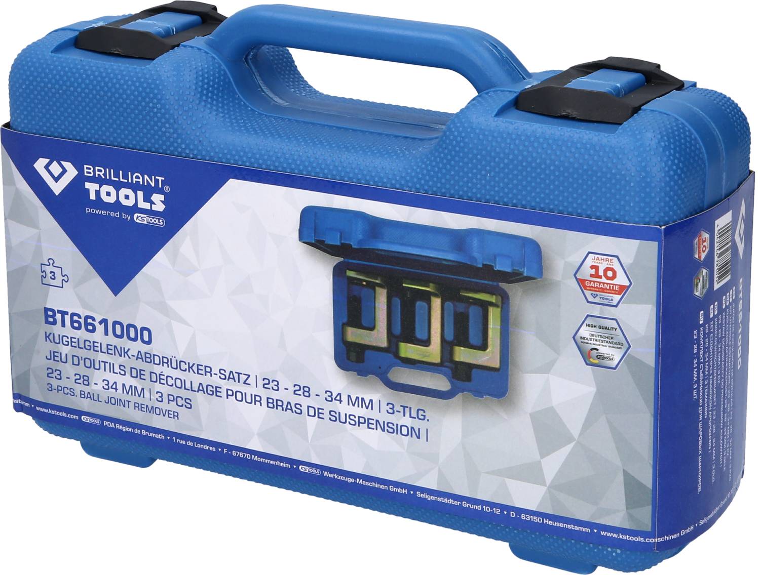 Niebieski kufer narzędziowy z napisem 'Brilliant Tools'. Zawiera zestaw ściągaczy do przegubów kulistych: 23-28-34 mm, 3-częściowy.