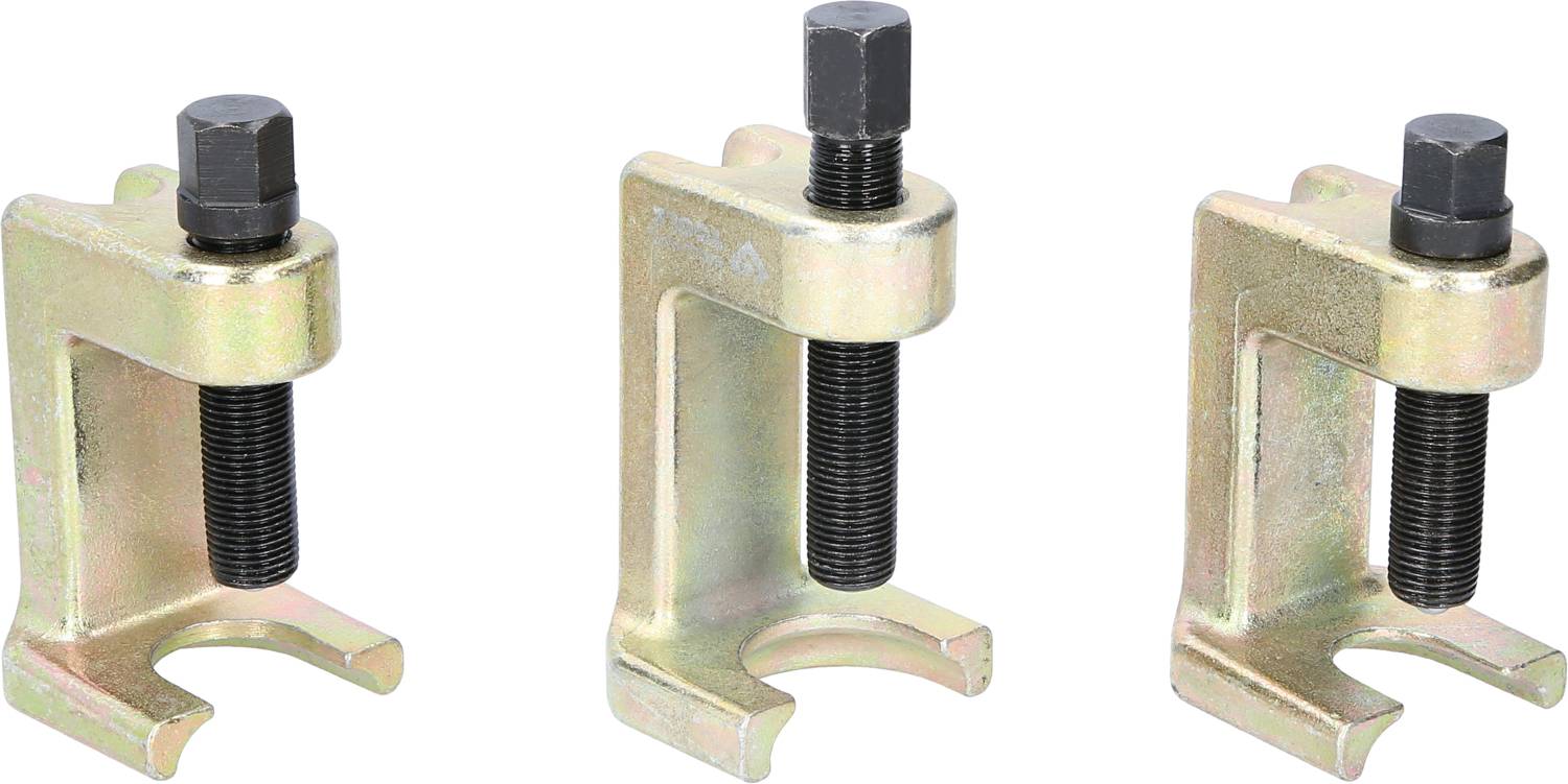 Trzy różnej wielkości, kulistych ściągaczy na białym tle, używanych do zdejmowania sworzni kulistych w zawieszeniach pojazdów.