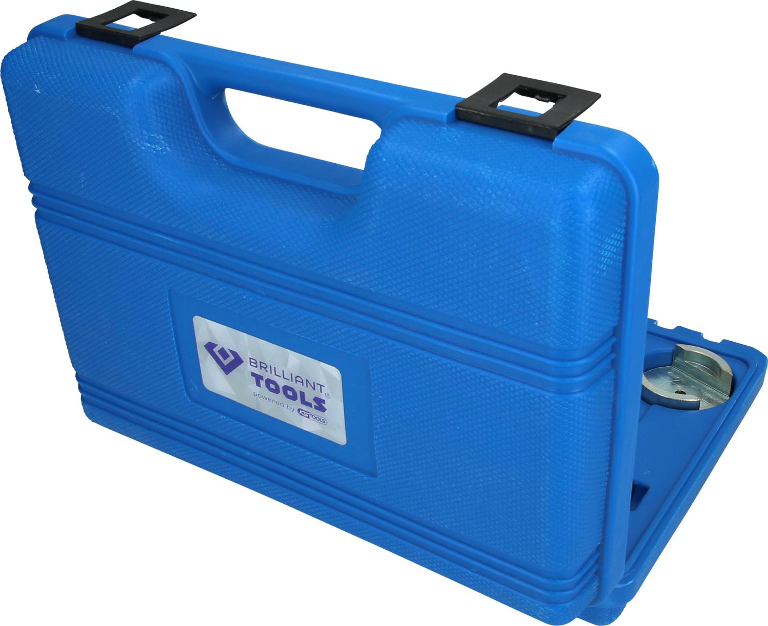 Niebieski kufer narzędziowy z uchwytem, częściowo otwarty. Zawiera różne narzędzia. Naklejka z napisem 'Brilliant Tools'.