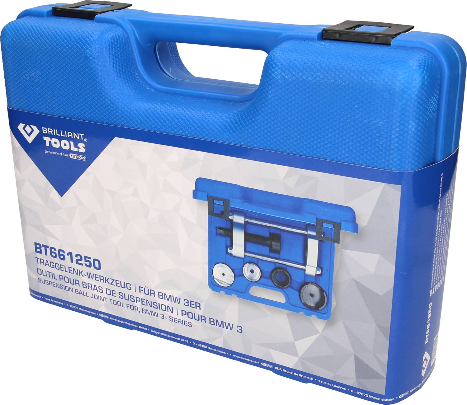 Niebieski kufer narzędziowy z napisem 'BT661250 Narzędzie do przegubu nośnego do BMW serii 3'. Zawiera narzędzia do montażu zawieszenia.