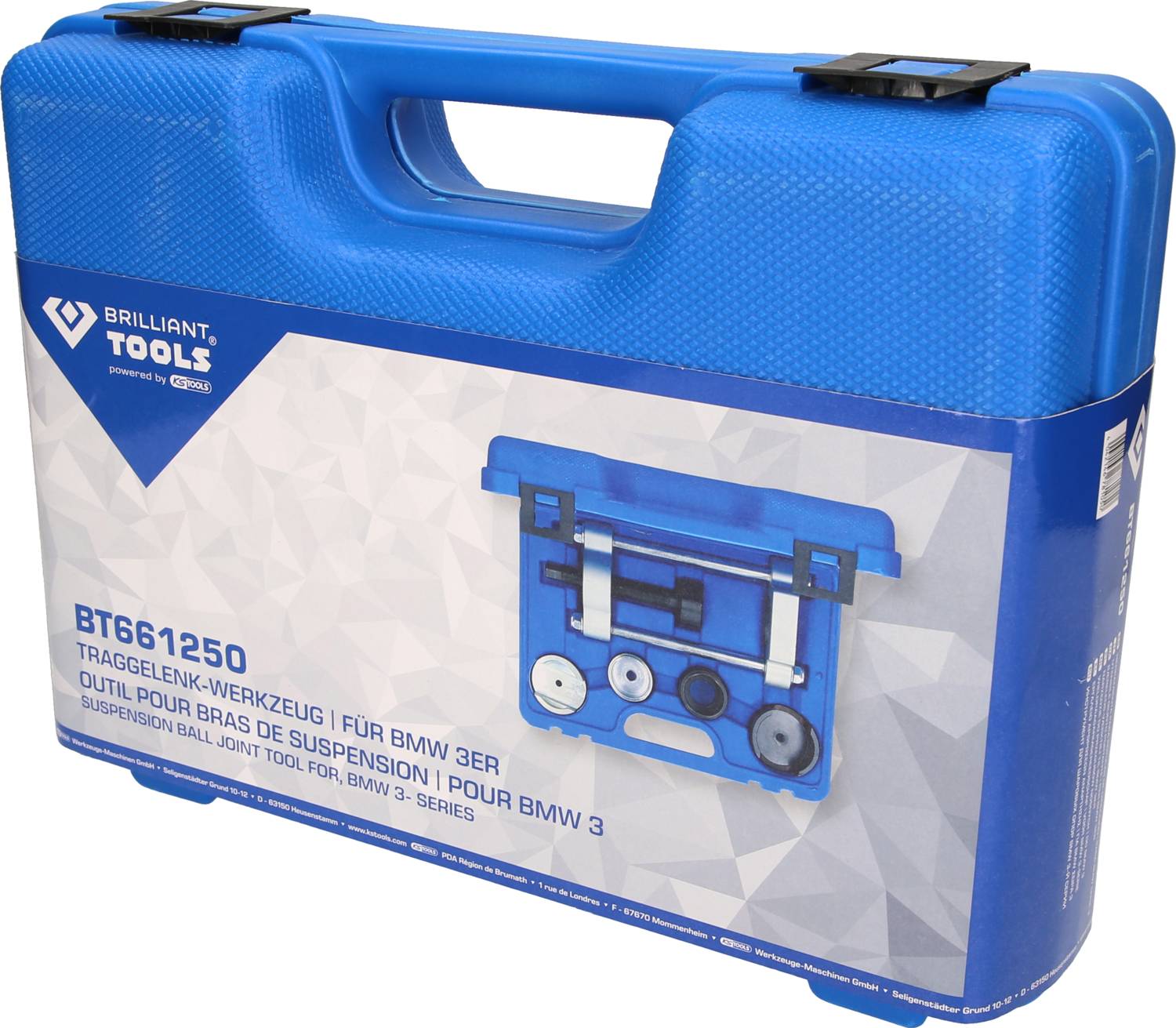 Niebieski kufer narzędziowy z napisem 'BT661250 Narzędzie do sworzni wahacza do BMW serii 3'. Zawiera ilustrację narzędzi w walizce.