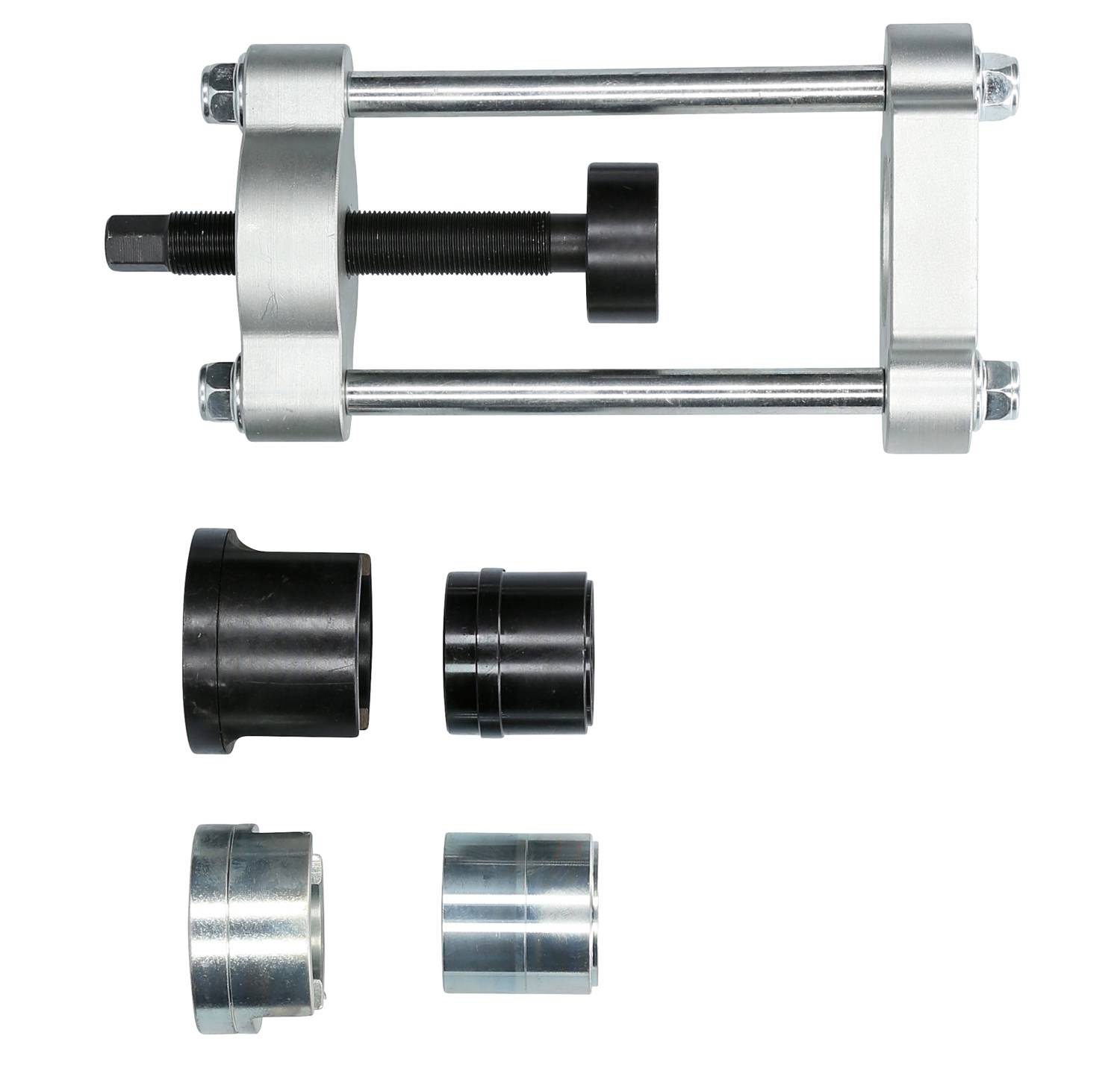 Zestaw ściągacza do łożysk silnikowych z różnymi elementami adaptacyjnymi do demontażu łożysk. Zawiera główny ściągacz i cztery elementyAdapter.