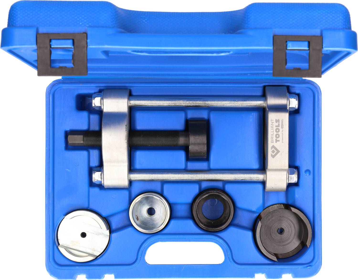 Niebieska skrzynka narzędziowa z różnymi metalowymi narzędziami i końcówkami, ułożonymi w sposób przygotowany do naprawy lub konserwacji urządzeń technicznych.
