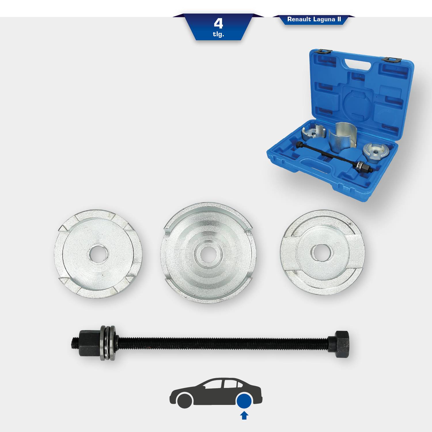 Zestaw narzędzi 4-częściowy do Renault Laguna II: Zawiera trzy okrągłe elementy metalowe oraz zestaw narzędzi w niebieskim pudełku.