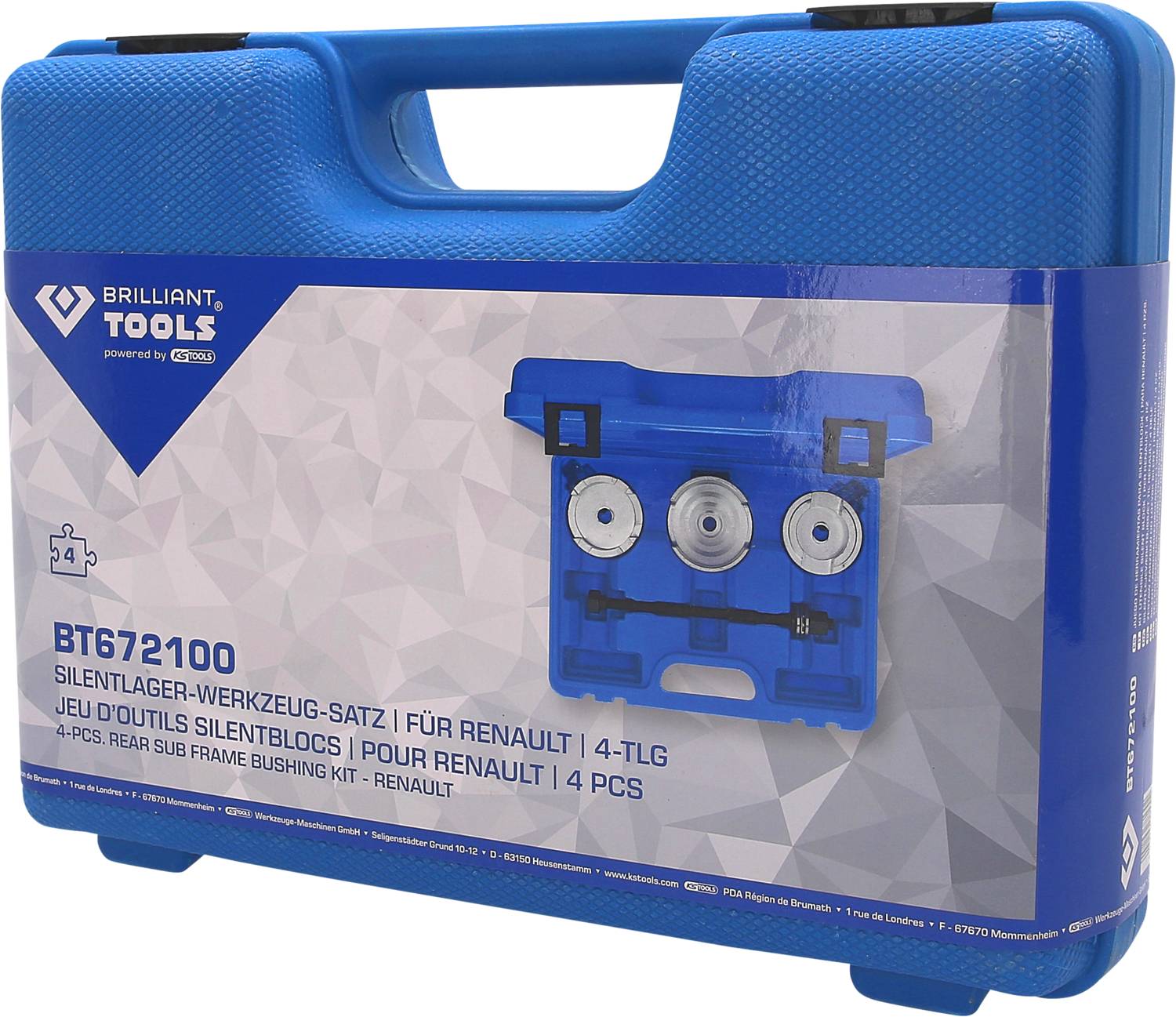 Niebieska skrzynka narzędziowa firmy Brilliant Tools, model BT672100, zawiera 4-częściowy zestaw narzędzi do silentbloków do samochodów Renault.