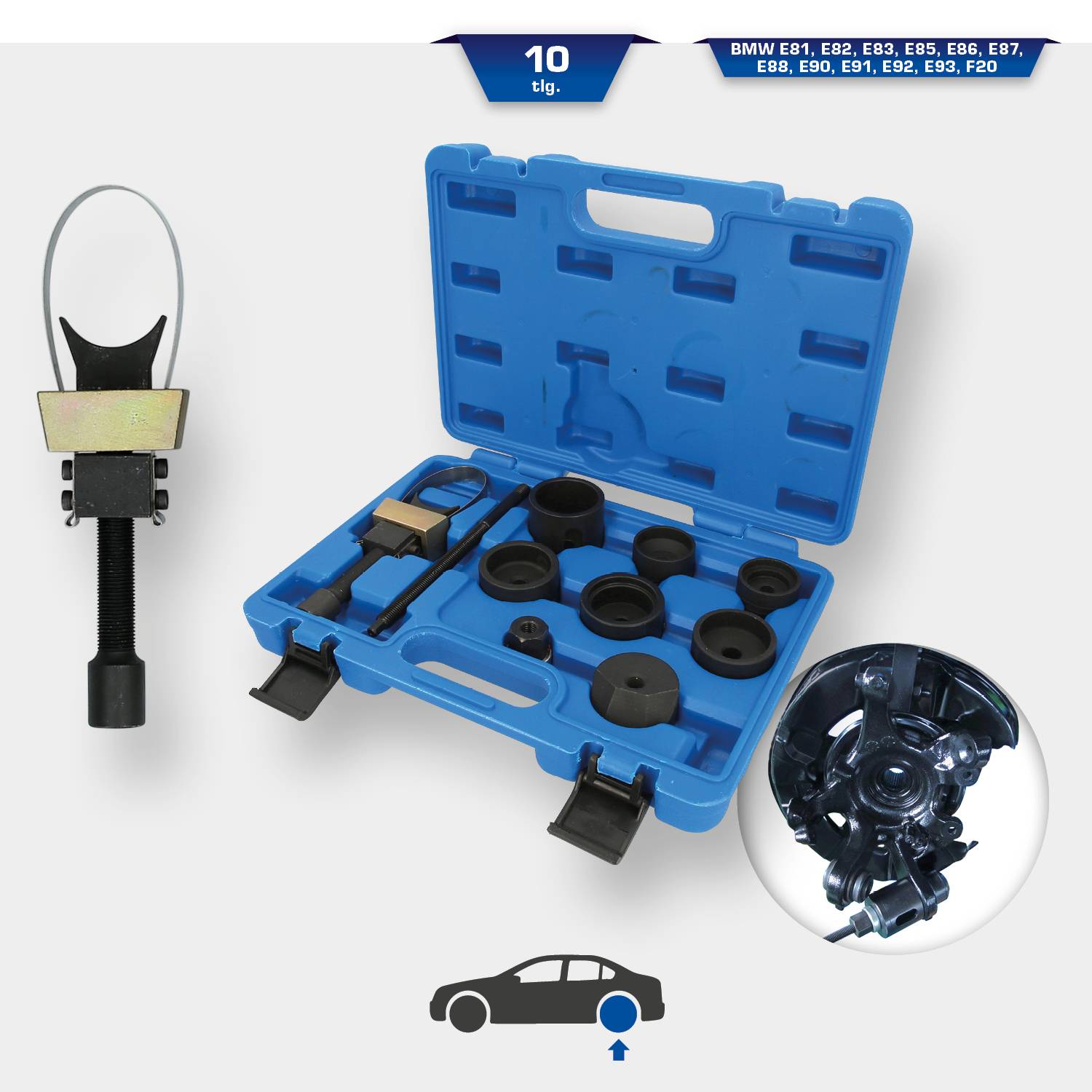 Niebieski zestaw narzędzi z 10 elementami do demontażu i resetowania napinacza paska. Kompatybilny z modelami BMW od E81 do E93.