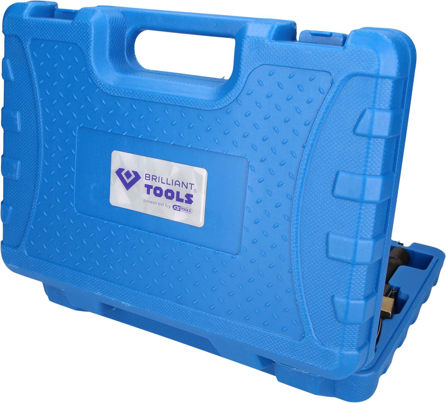 Niebieska skrzynka narzędziowa z napisem 'Brilliant Tools'.