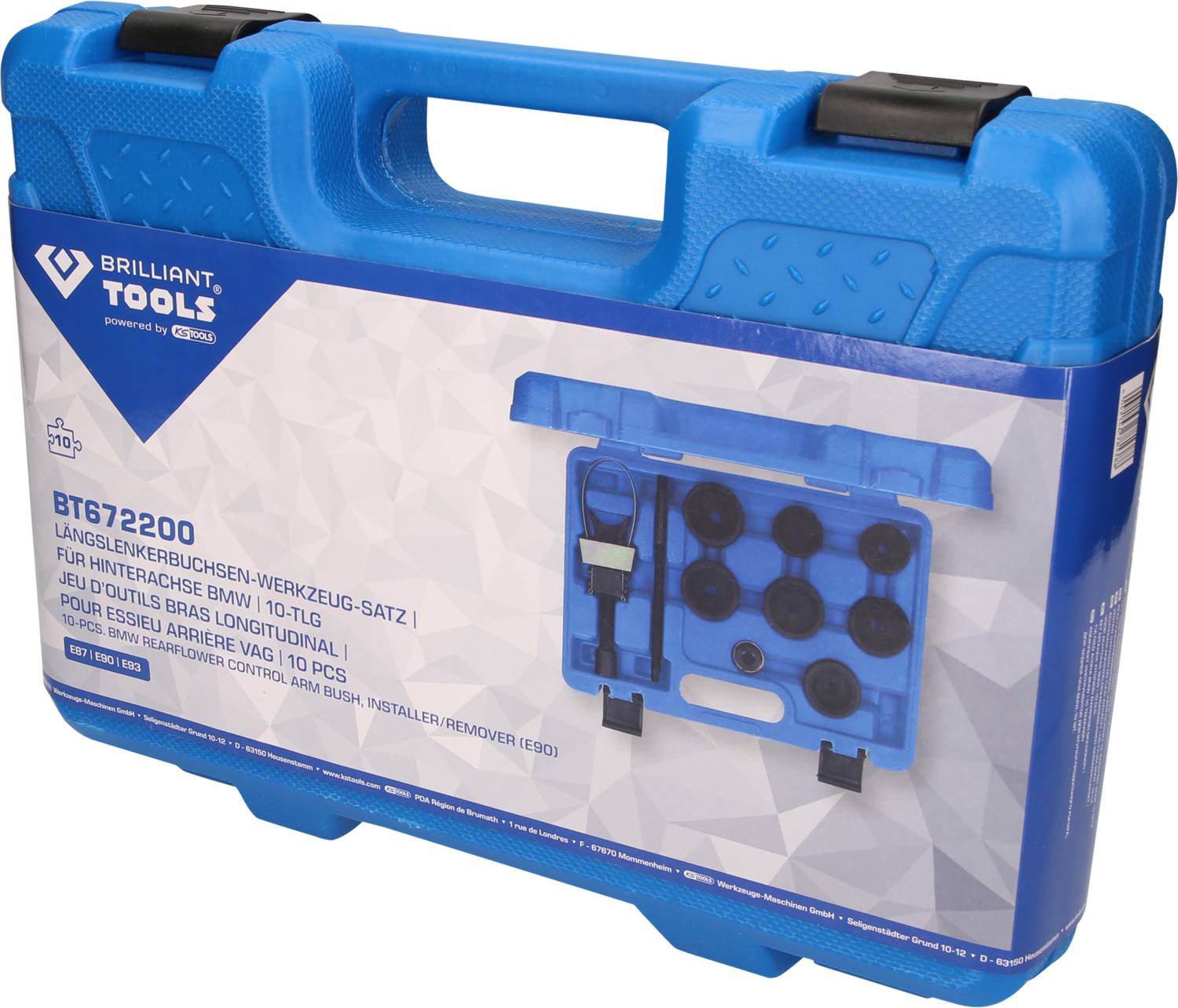 Niebieski walizka narzędziowa z napisem 'Brilliant Tools'. Zawiera specjalistyczne narzędzia do tulei zawieszenia, numer artykułu BT672200.