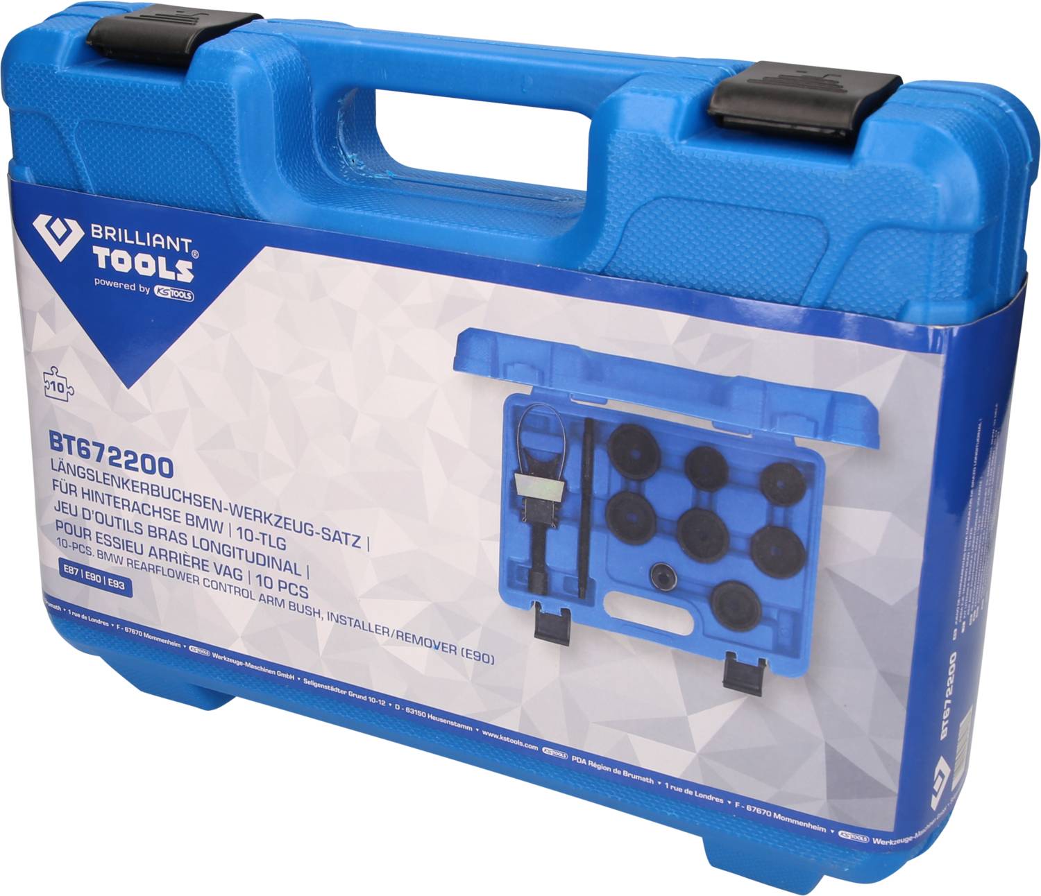 Niebieski kufer narzędziowy z napisem 'Brilliant Tools', zawierający zestaw długich kluczy nasadowych, przedstawiający dziesięć elementów na wkładce piankowej.