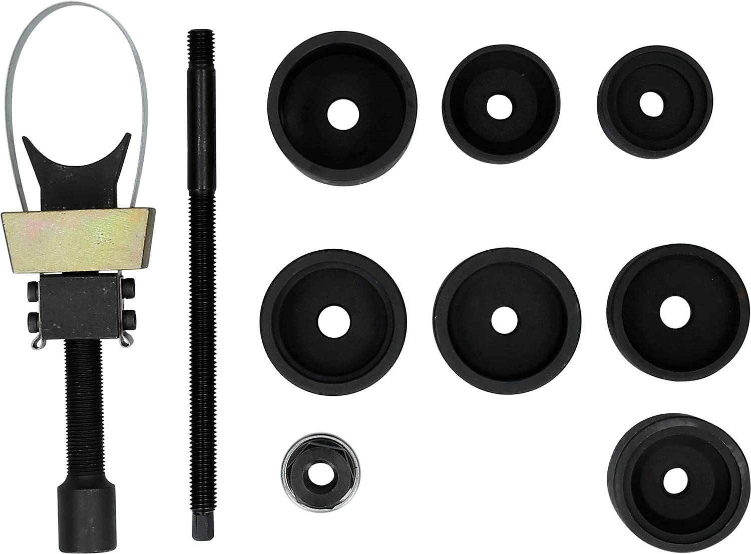 Zestaw montażowy ze śrubą, zaciskiem i ośmioma różnymi okrągłymi nakładkami. Narzędzia do montażu i dopasowywania części.