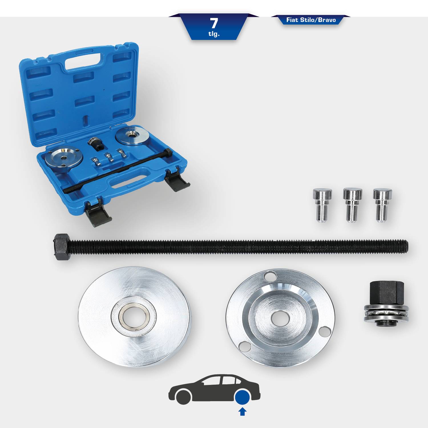 Zestaw narzędzi do Fiat Stilo/Bravo: Zawiera niebieską torbę, zestaw gwintów, adapter oraz dwie duże metalowe tarcze.