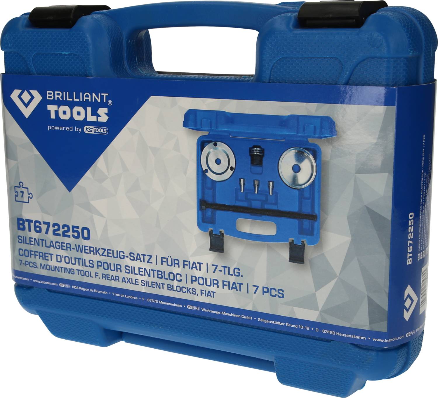 Niebieski walizka narzędziowa z napisem 'Brilliant Tools'. Zawiera 7-częściowy zestaw narzędzi do silentbloków do pojazdów Fiat.