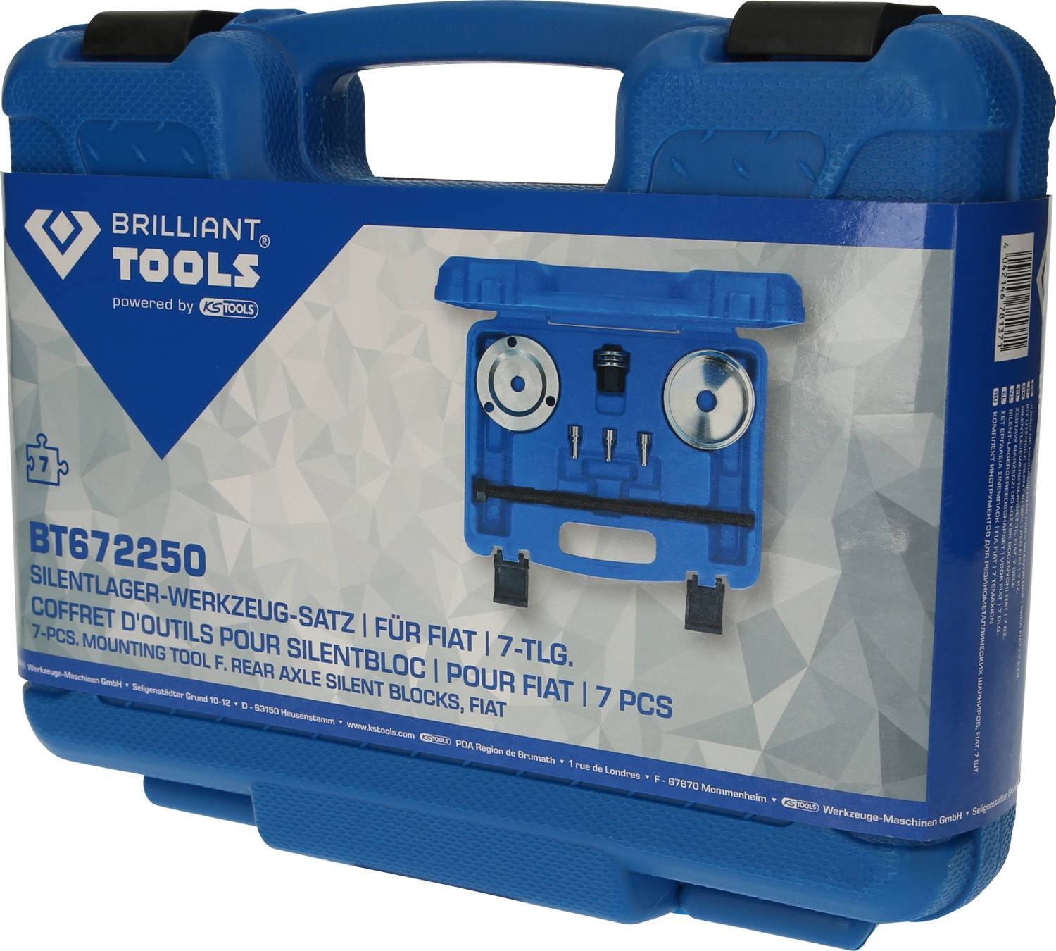 Niebieski walizka narzędziowa z napisem 'Zestaw narzędzi do tulei silent-bloków | Do Fiat | 7-częściowy'. Zawiera narzędzia do montażu tulei silent-bloków.