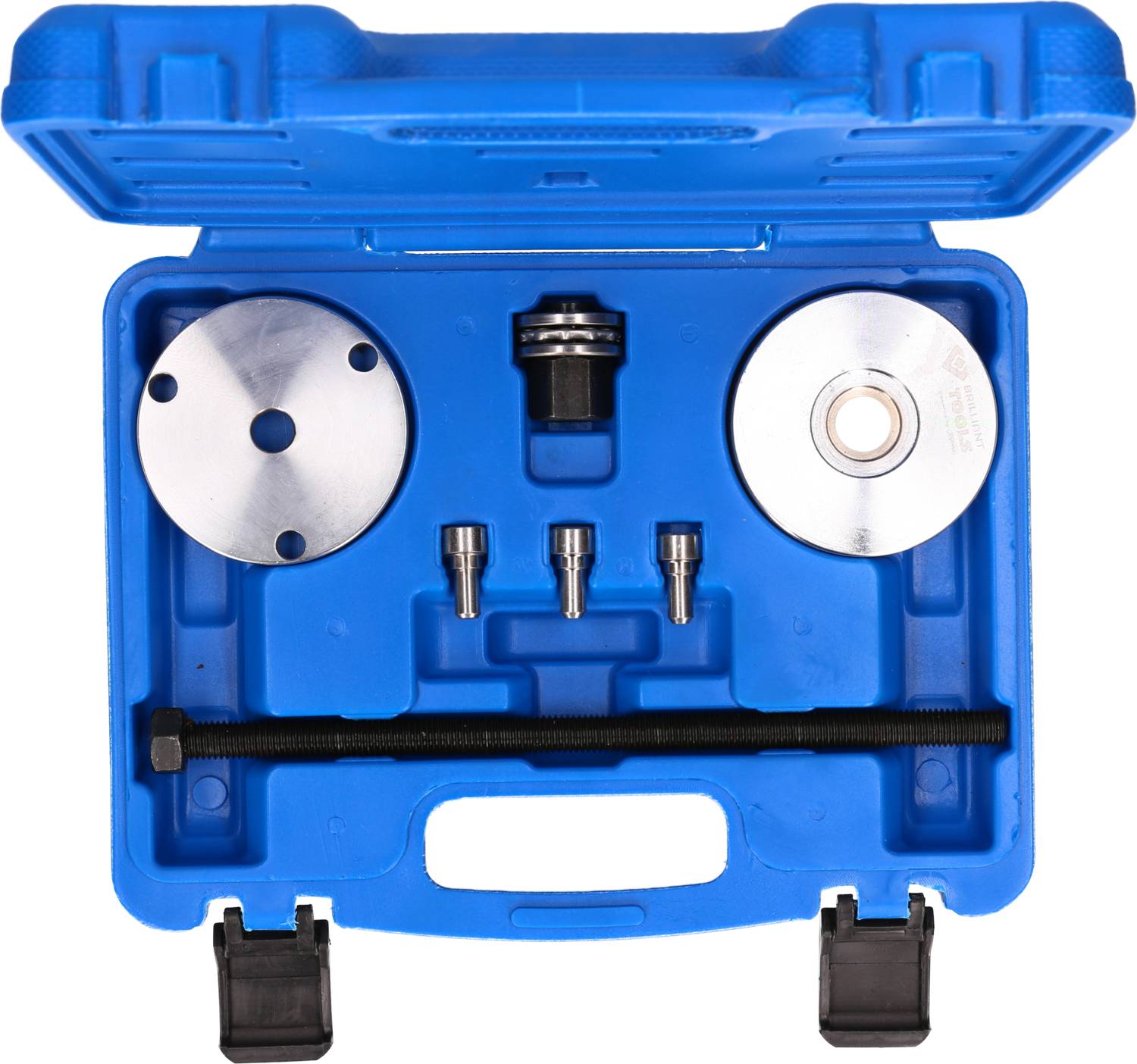 Niebieski kufer na narzędzia z różnymi metalowymi narzędziami, w tym dwiema dużymi okrągłymi tarczami, trzema mniejszymi elementami oraz jednym prętem.