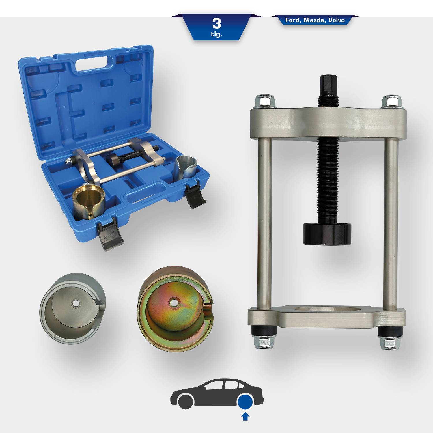 '3-częściowy zestaw narzędzi do demontażu sprężyn zawieszenia, odpowiedni dla Ford, Mazda, Volvo. Zawiera specjalny uchwyt i adaptery w plastikowej walizce.'