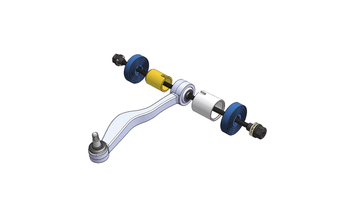 Ilustracja zespołu kierownicy z niebieskim i żółtym amortyzatorem, śrubami na obu końcach. Po lewej stronie znajduje się element łączący o kształcie kulistym.