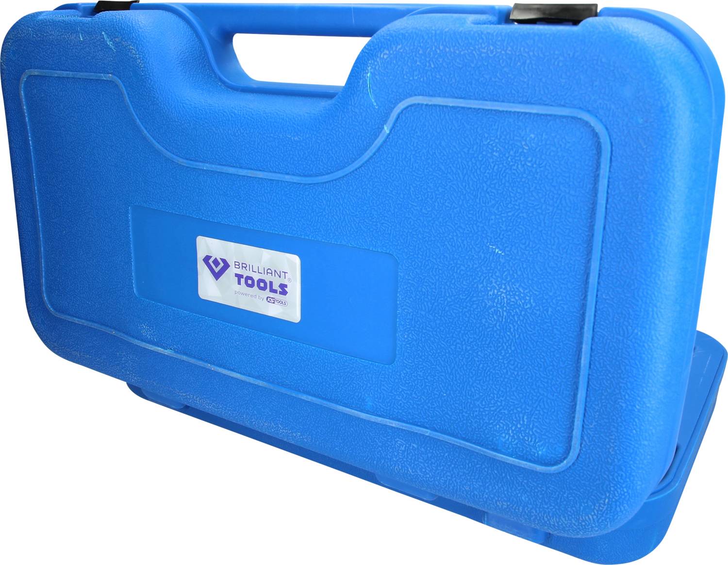 Niebieski kufer na narzędzia z uchwytem i logo 'Brilliant Tools' na przedniej stronie.