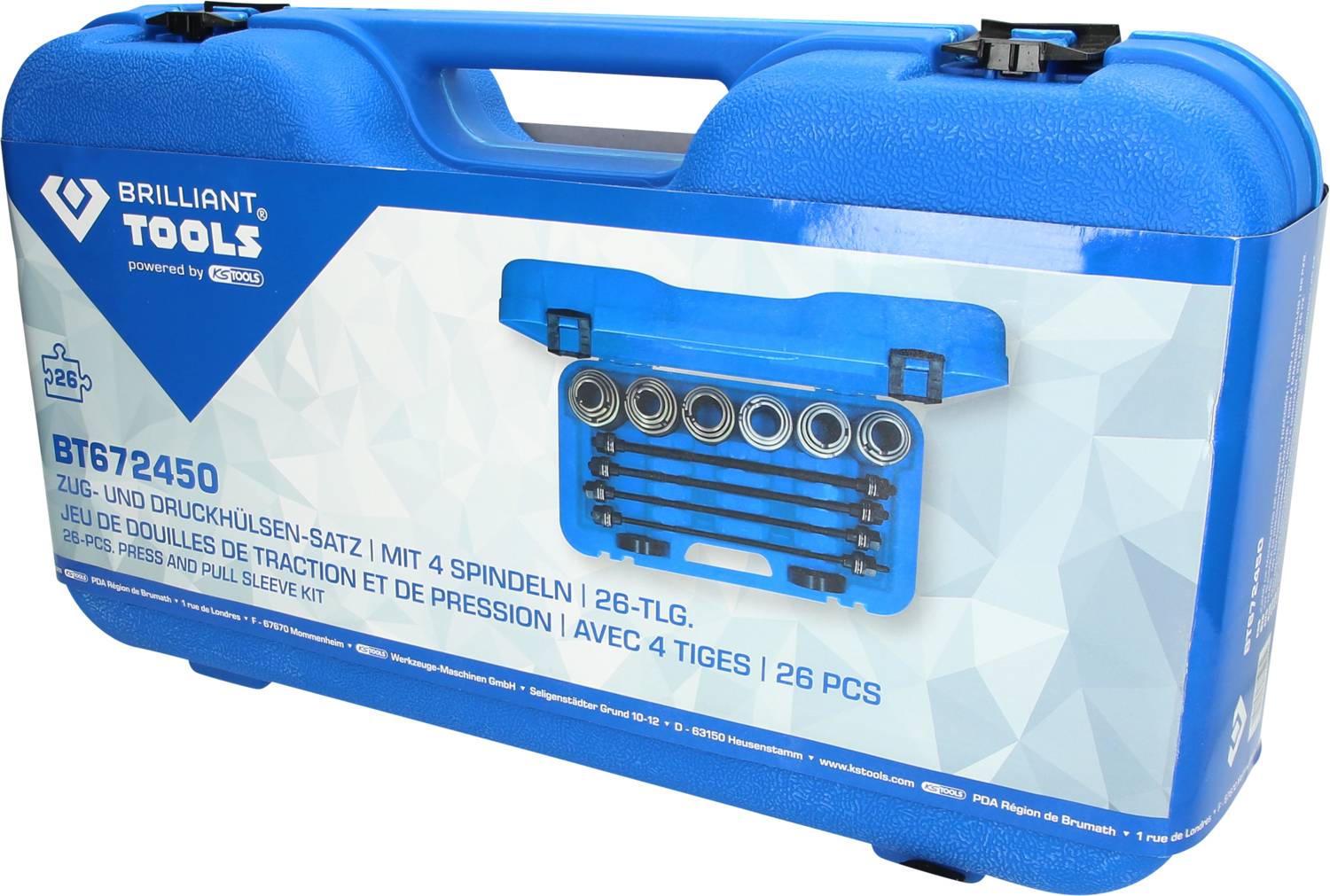 Niebieski kufer narzędziowy z napisem 'Brilliant Tools'. Zawiera 26-częściowy zestaw tulejek i nasadek z czterema trzpieniami.