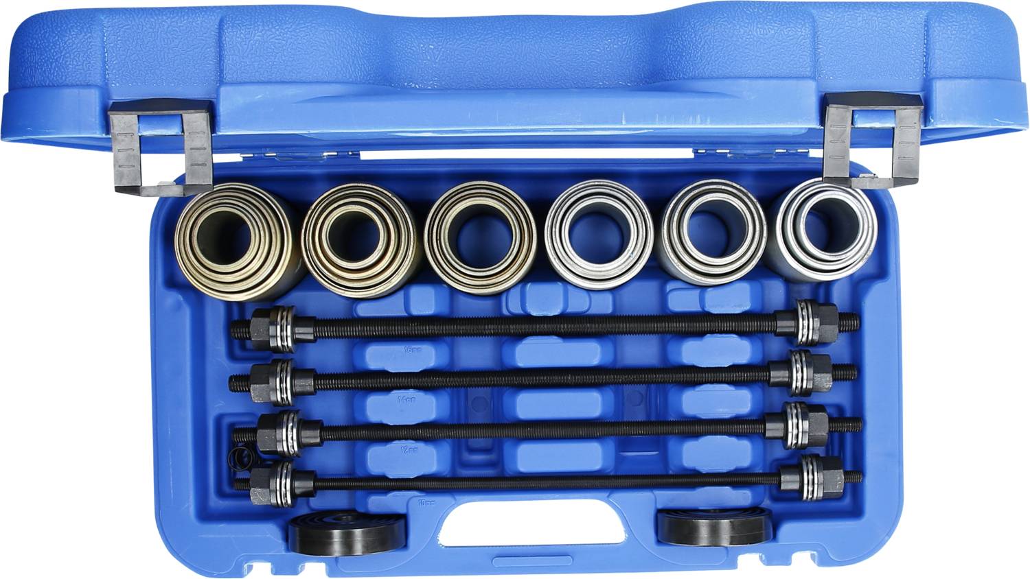 Niebieska skrzynka narzędziowa z wieloma łożyskami tocznymi i prętami. Elementy są starannie posortowane w poszczególnych przegródkach.