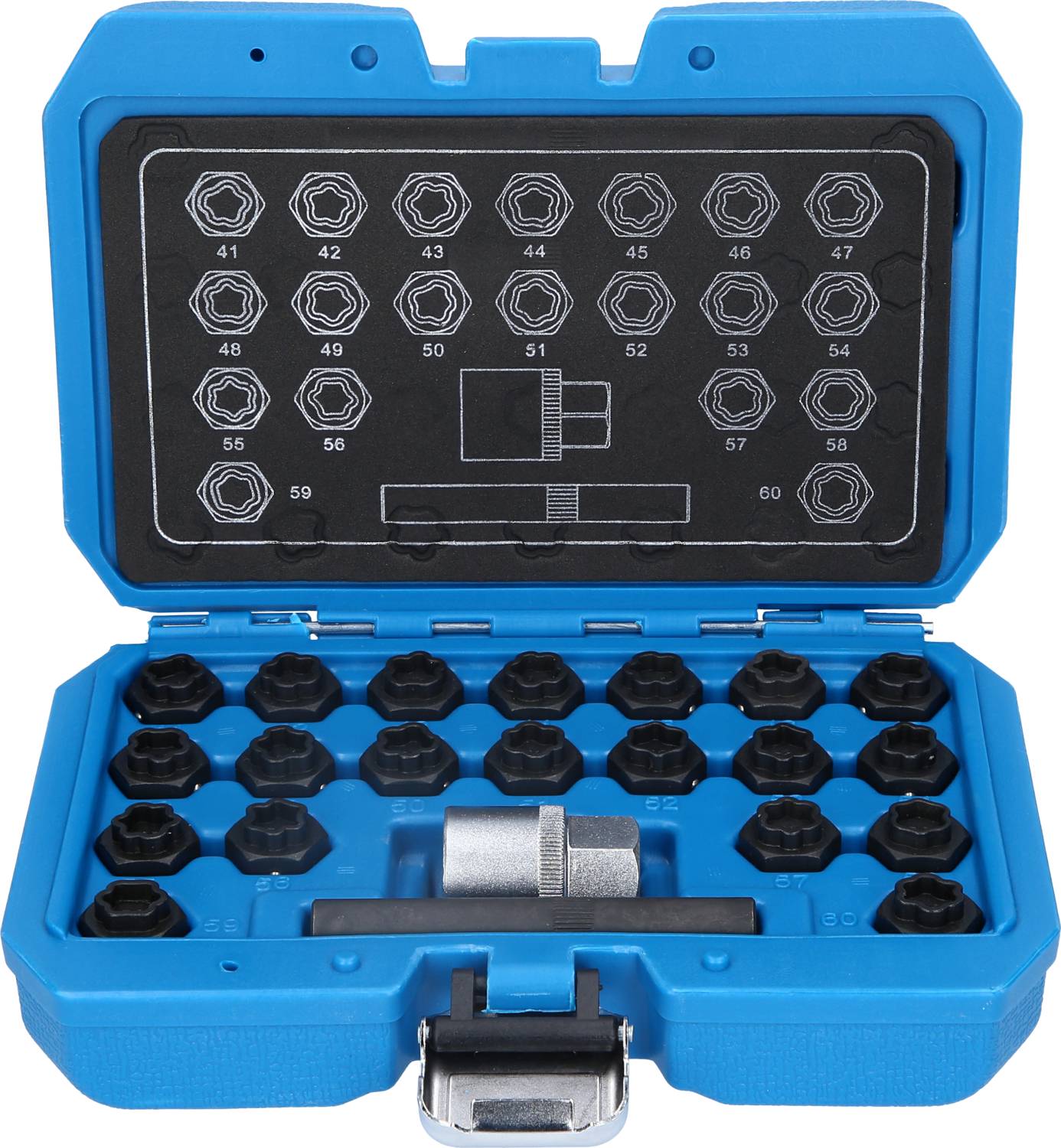 Niebieski zestaw narzędziowy z 22 nasadkami o różnych rozmiarach, kluczem nasadowym i przedłużką wewnątrz.