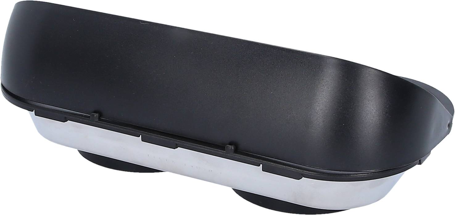 Czarna i srebrna podwójna miska wykonana z tworzywa sztucznego i metalu, prawdopodobnie przeznaczona do przechowywania lub prezentacji żywności.