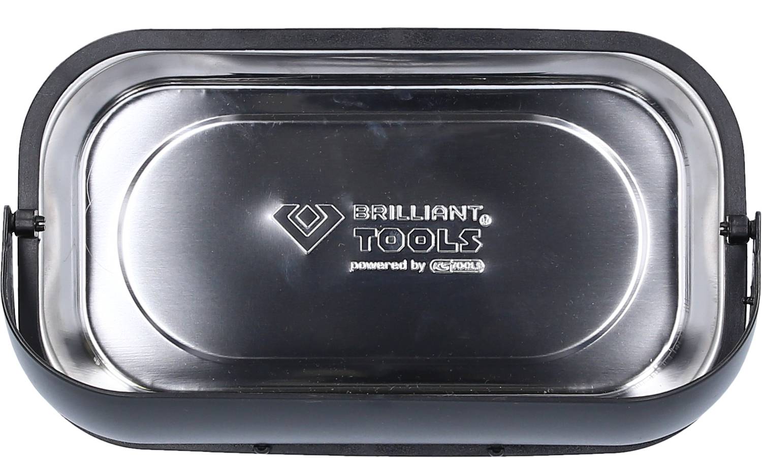 Magnetyczna tacka z metalu z napisem 'Brilliant Tools powered by Gedore', służąca do bezpiecznego przechowywania małych elementów metalowych.