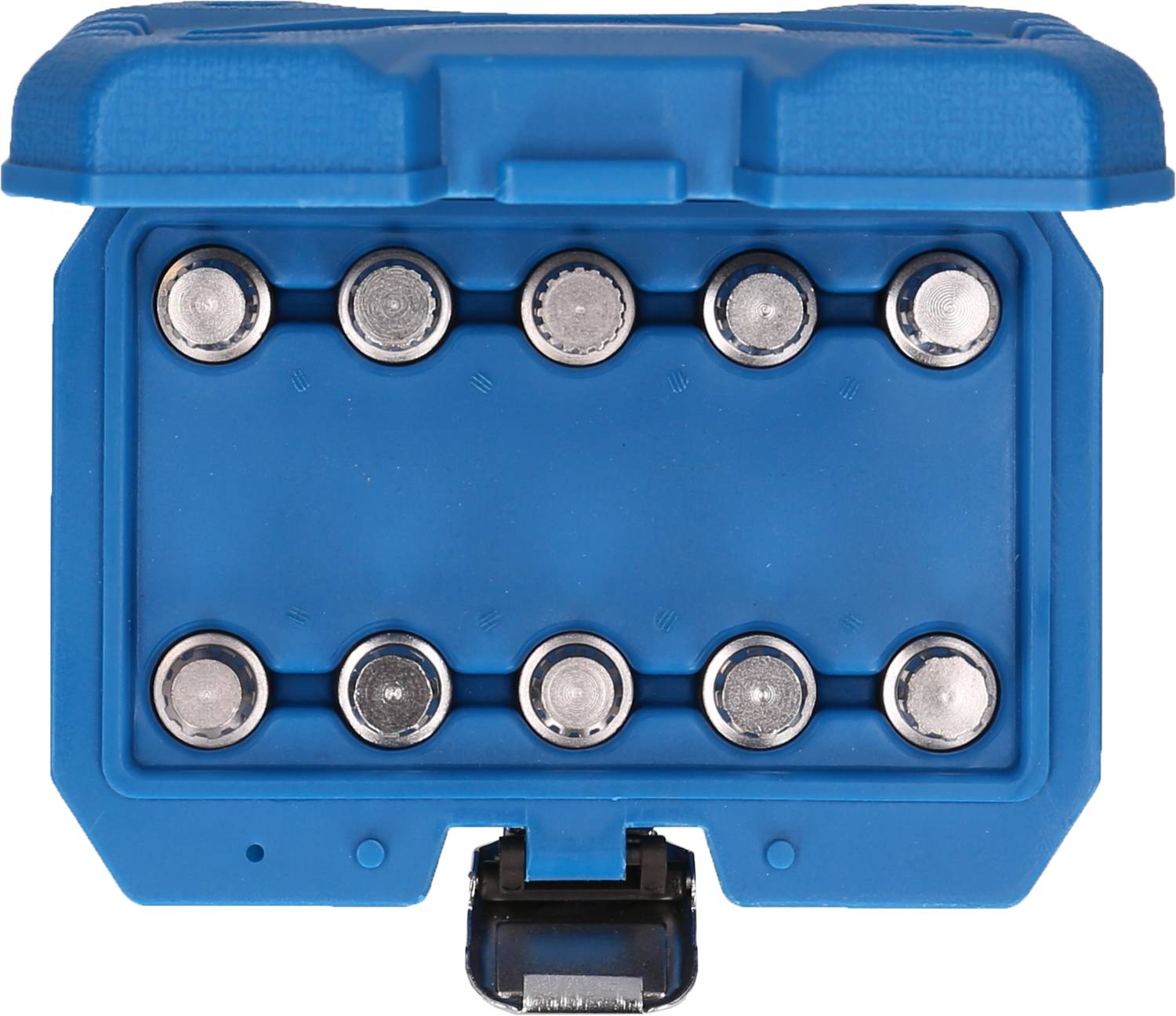 Niebieski uchwyt na baterie z ośmioma srebrzonymi bateriami guzkowymi ułożonymi w dwóch rzędach. Uchwyt jest otwarty, a baterie są widoczne.