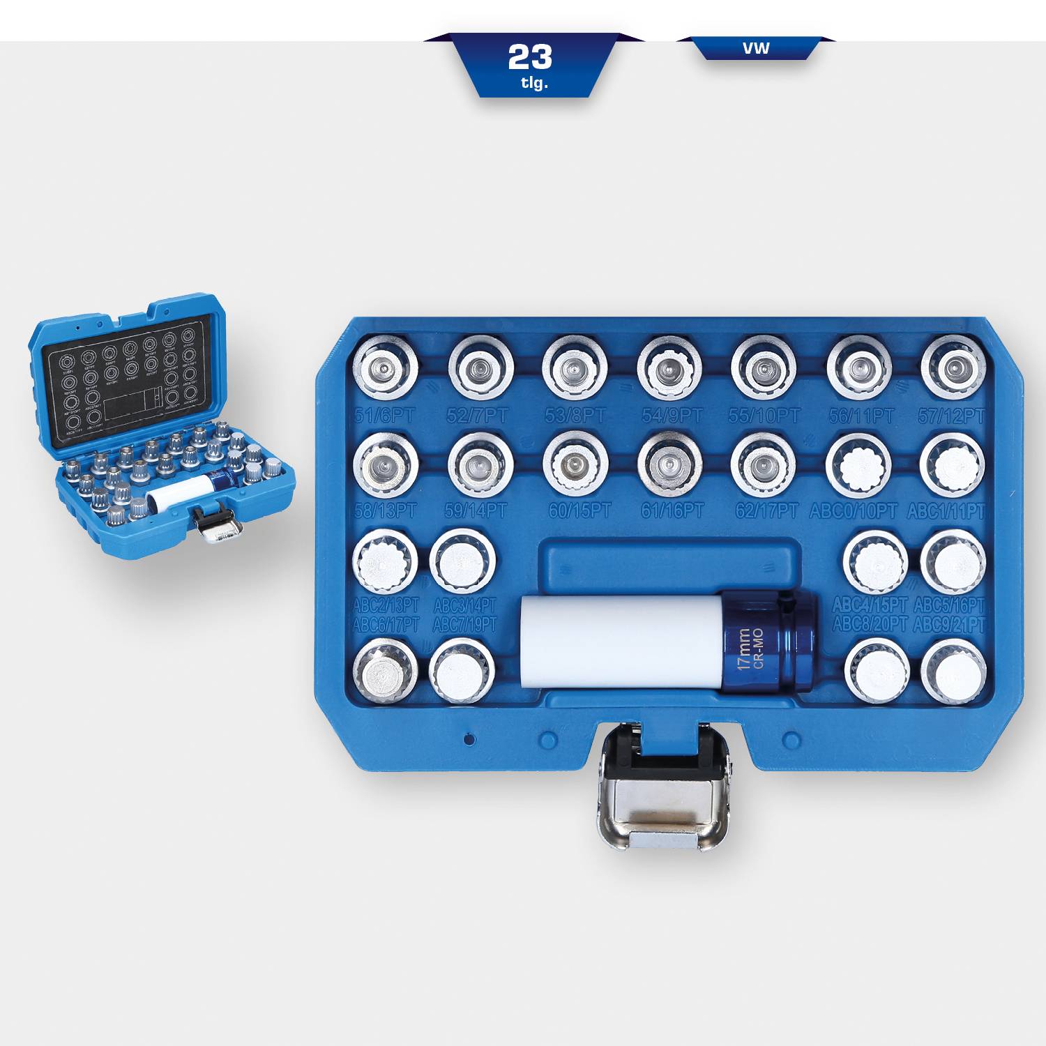 Zestaw nasadek z 23 elementami i jednym bitem, dedykowany dla samochodów VW. Zawiera różne rozmiary nasadek, kompaktowo ułożone w niebieskim etui.