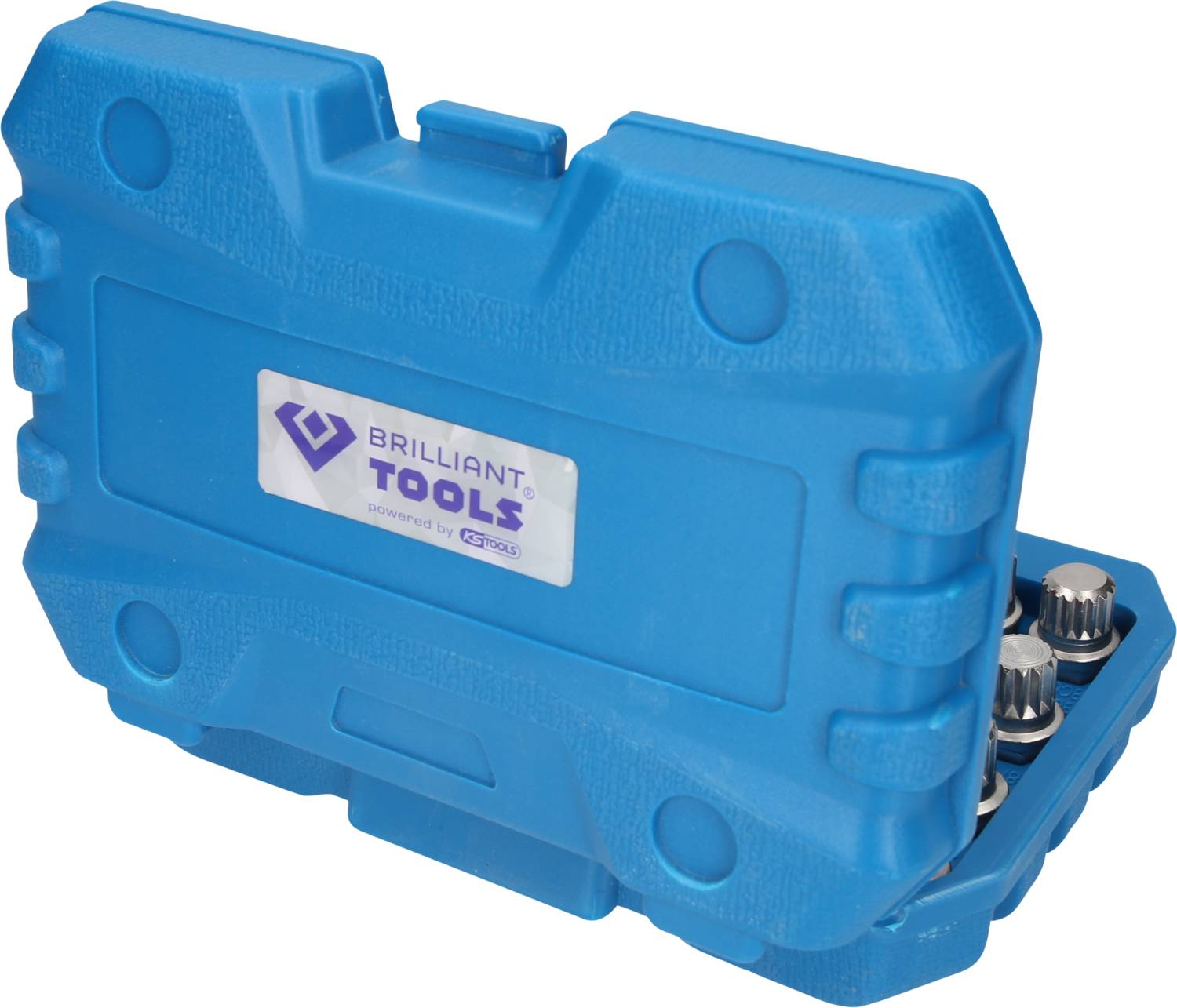 Niebieski przybornik narzędziowy z logo 'Brilliant Tools' i widocznymi końcówkami narzędziowymi po prawej stronie.