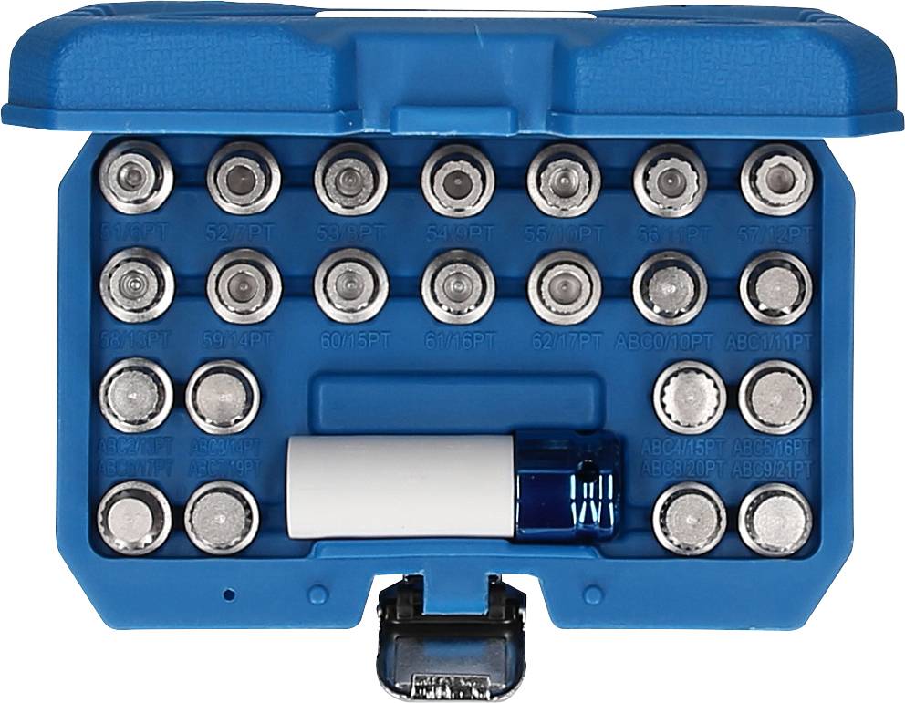 Otwarty niebieski skrzynka narzędziowa z kilkoma nasadkami różnych rozmiarów oraz główką wkrętaka pośrodku.