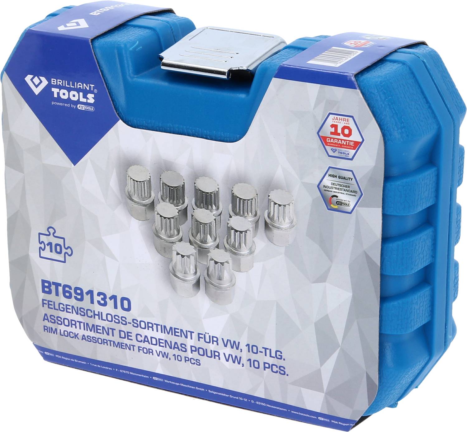 Niebieski kufer z zestawem blokad do felg dla VW, 10-elementowy. Widoczna nazwa marki 'Brilliant Tools' oraz informacja gwarancyjna.