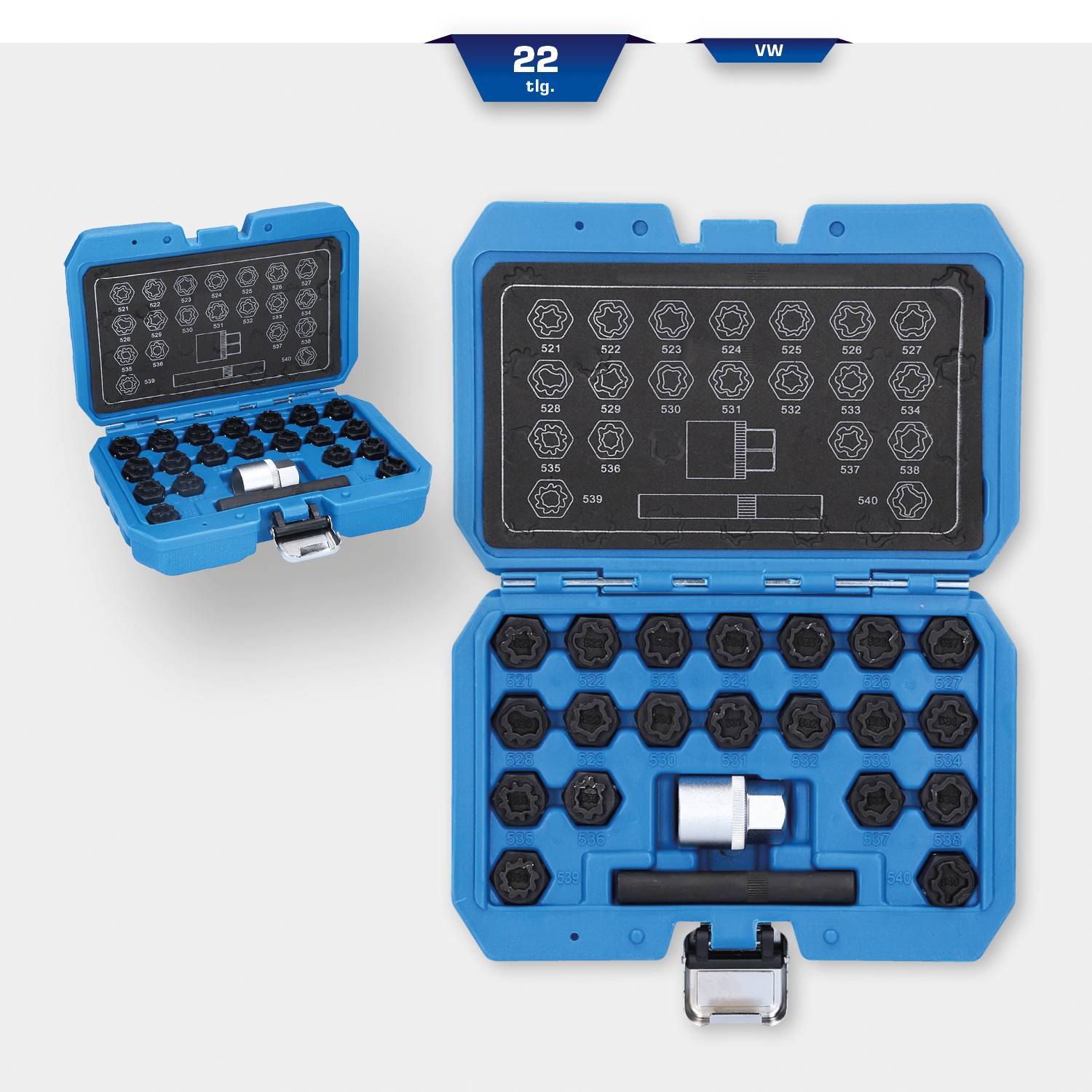 Niebieski zestaw kluczy nasadowych składający się z 22 elementów w etui. Otwarte etui prezentuje różne nasadki umieszczone w piankowej ramce.