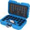 Niebieski kufer z 25-elementowym zestawem kluczy uniwersalnych, przeznaczony do montażu/demontażu specjalnych śrub, z oznaczeniem rozmiarów na pokrywie.