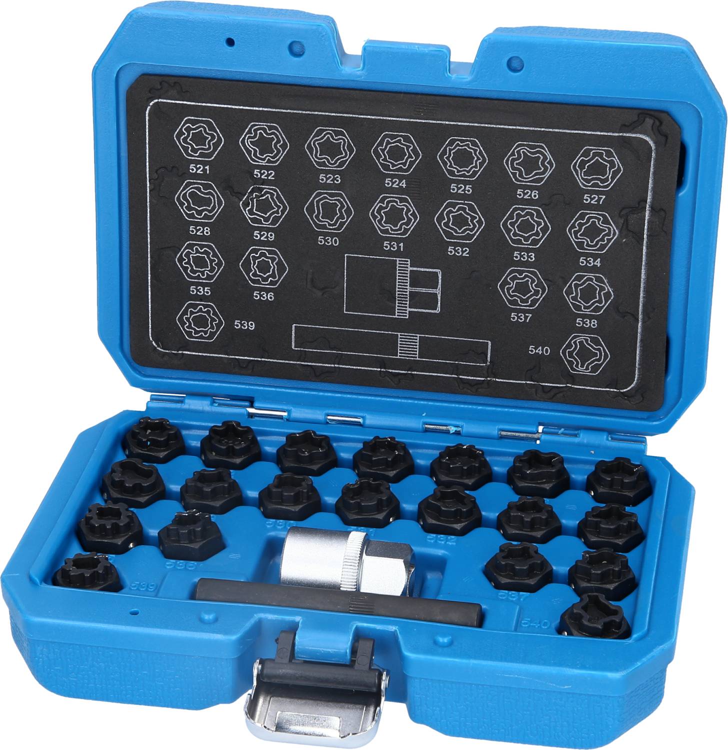 Niebieski walizka narzędziowa z 20 kluczami nasadowymi w różnych rozmiarach, ułożonymi w schludnym porządku, z srebrnym adapterem pośrodku.