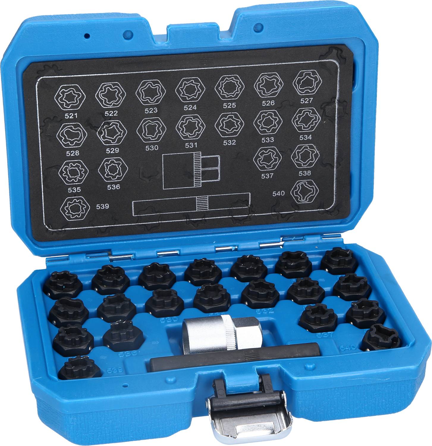 Niebieska skrzynka narzędziowa z różnymi nasadkami i adapterem. Wewnętrzna strona pokrywy przedstawia grafiki zawartych wkładek nasadowych.