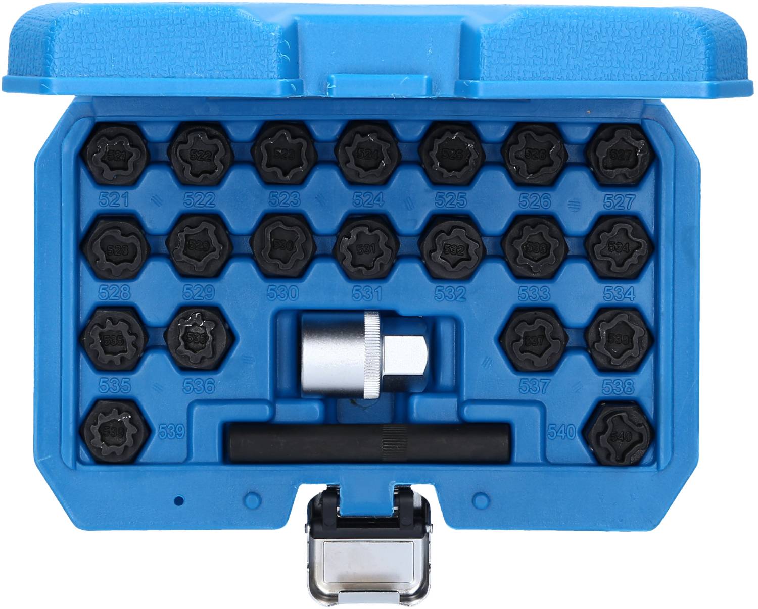 Niebieski kufer narzędziowy z sześciokątnymi kluczami nasadowymi, numerowanymi od 521 do 620. Zawiera adaptery i dźwignie.